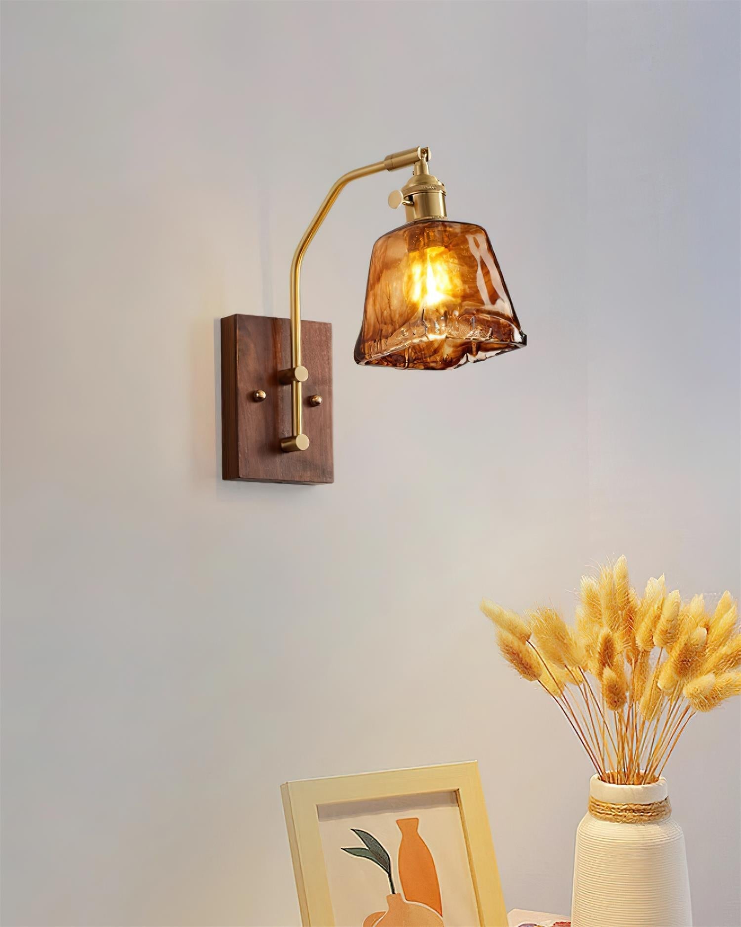 Wall Lamp Brass and Glass with Wood Backplate Vintage Artisan - Neutralighting