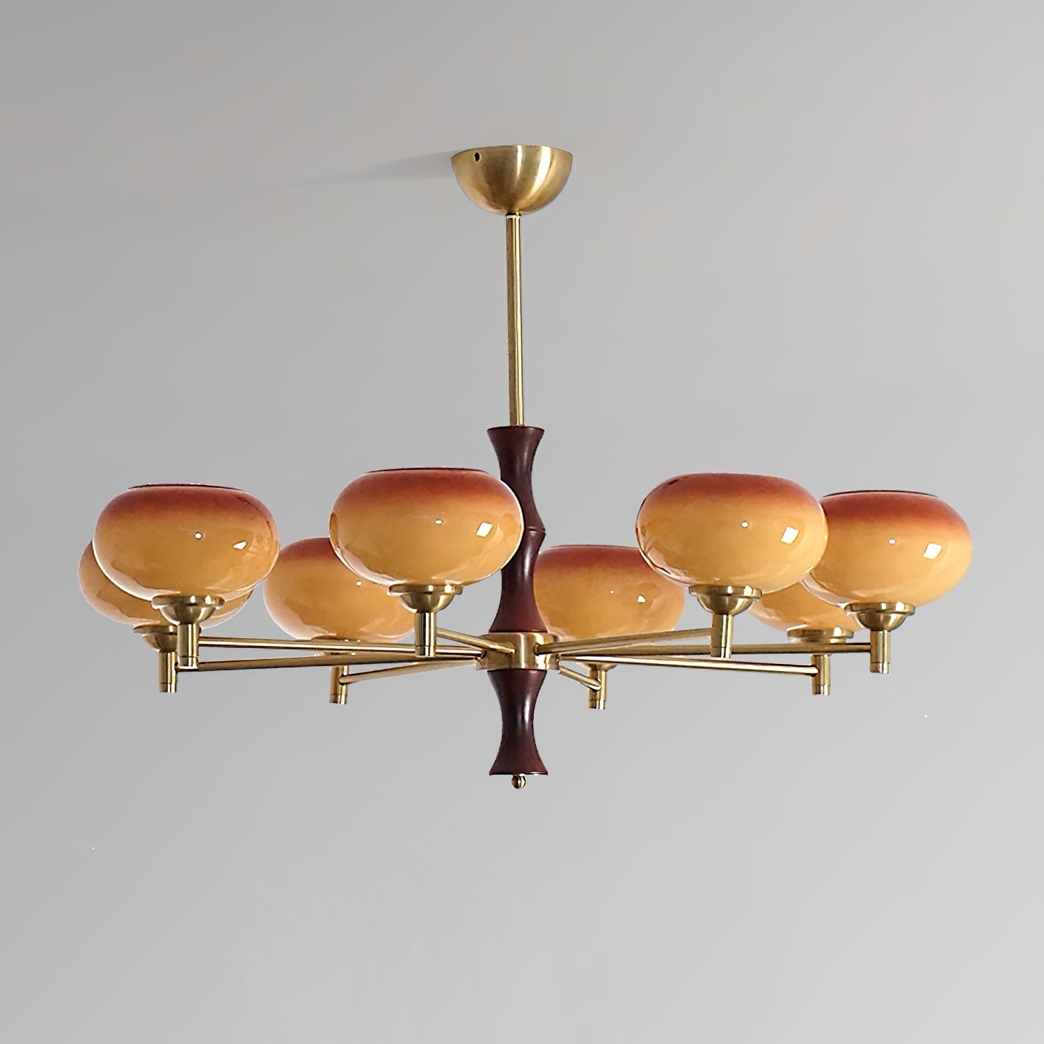Chandelier Caramel Glass Globes Walnut Wood Arms Vintage - Neutralighting