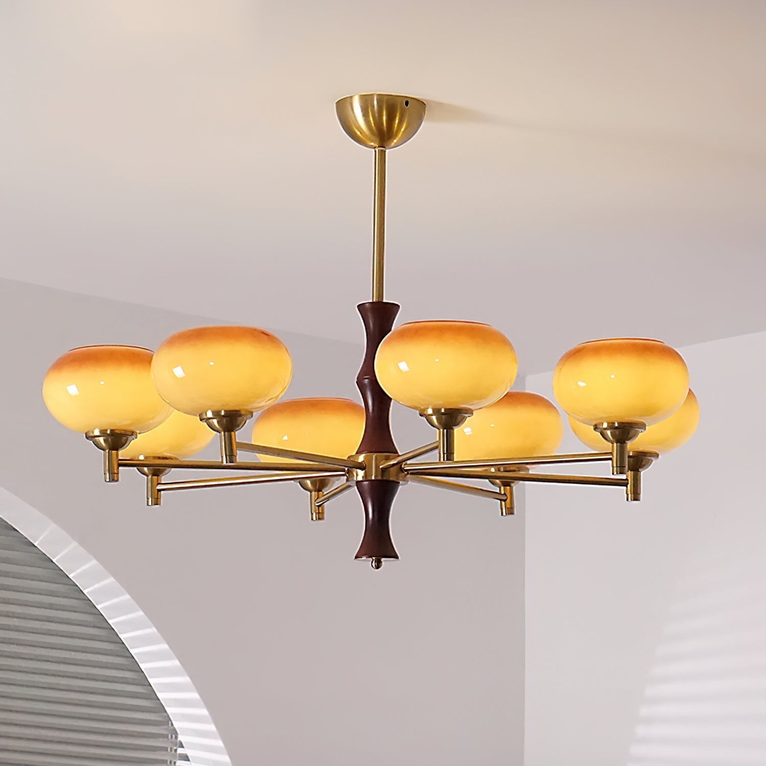 Chandelier Caramel Glass Globes Walnut Wood Arms Vintage - Neutralighting