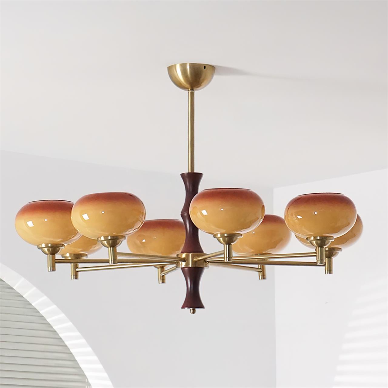 Chandelier Caramel Glass Globes Walnut Wood Arms Vintage - Neutralighting
