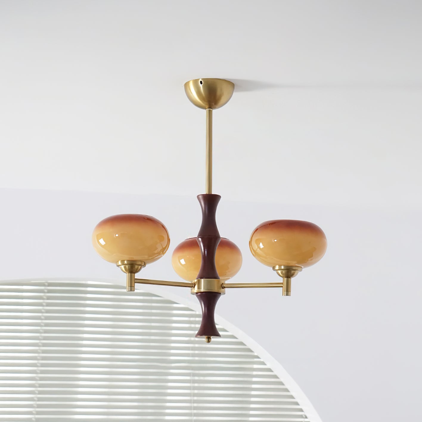 Chandelier Caramel Glass Globes Walnut Wood Arms Vintage - Neutralighting