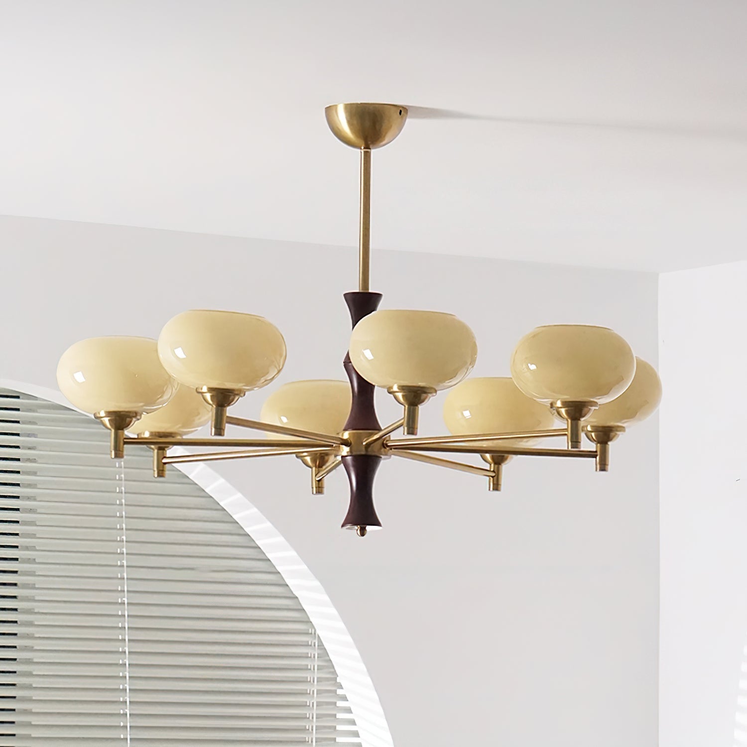Chandelier Caramel Glass Globes Walnut Wood Arms Vintage - Neutralighting
