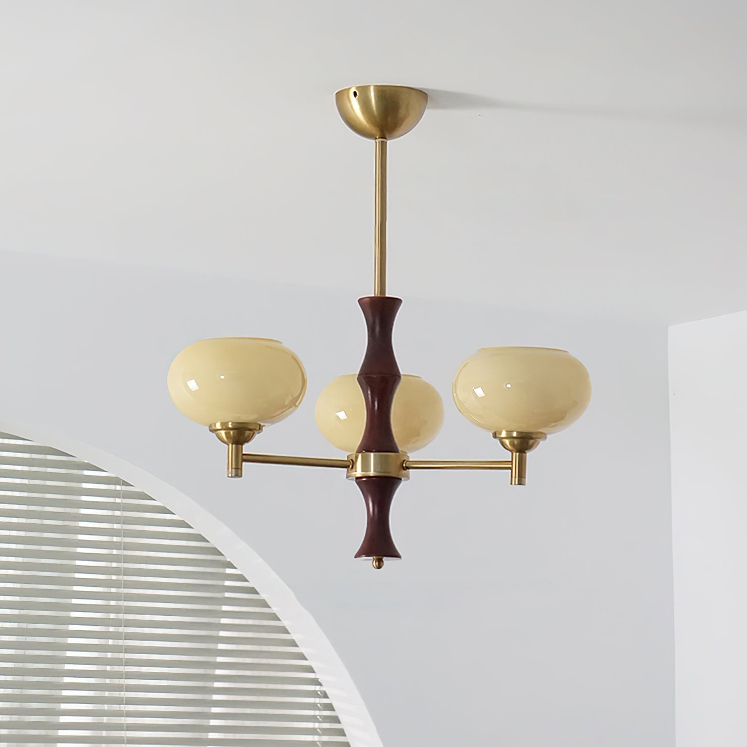 Chandelier Caramel Glass Globes Walnut Wood Arms Vintage - Neutralighting