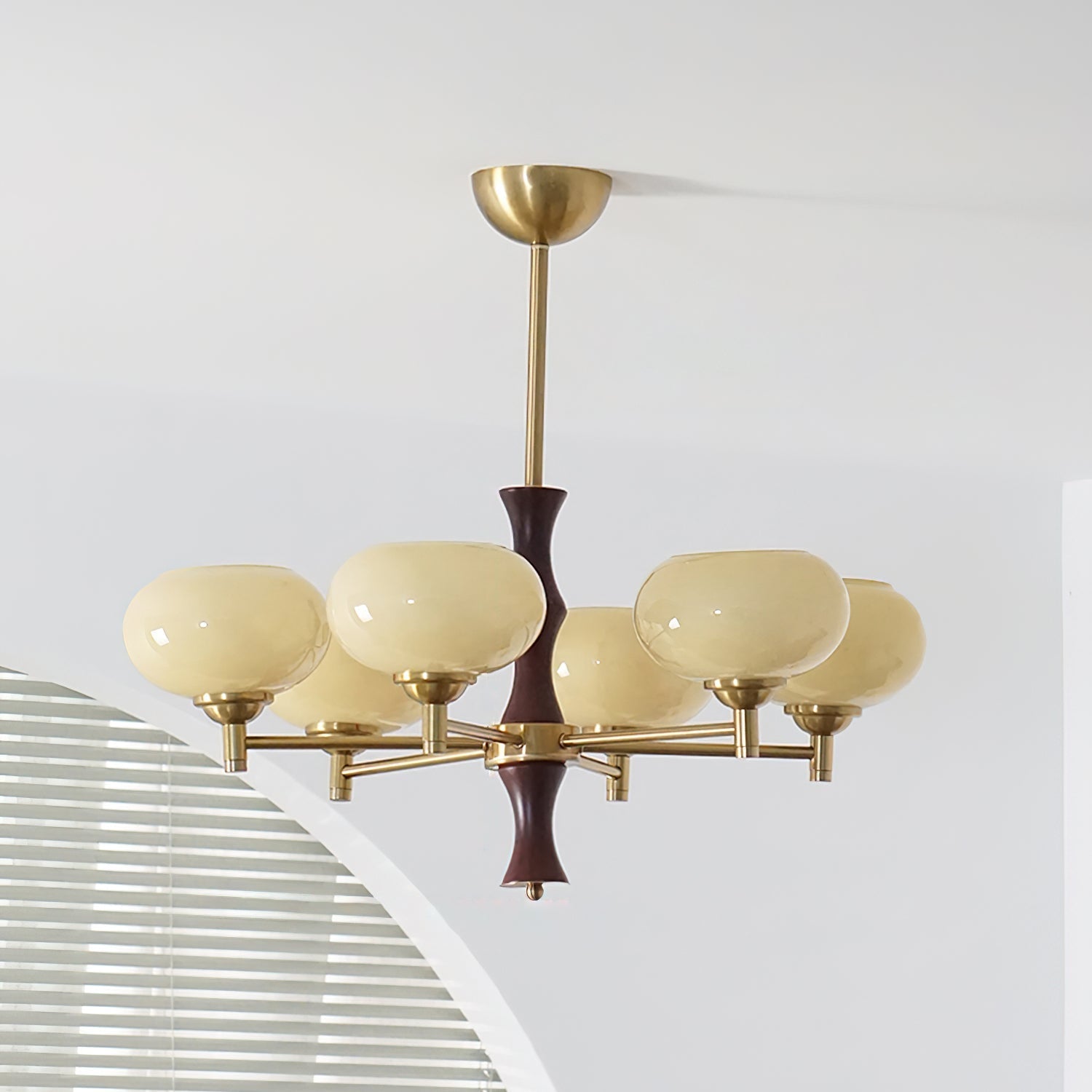Chandelier Caramel Glass Globes Walnut Wood Arms Vintage - Neutralighting