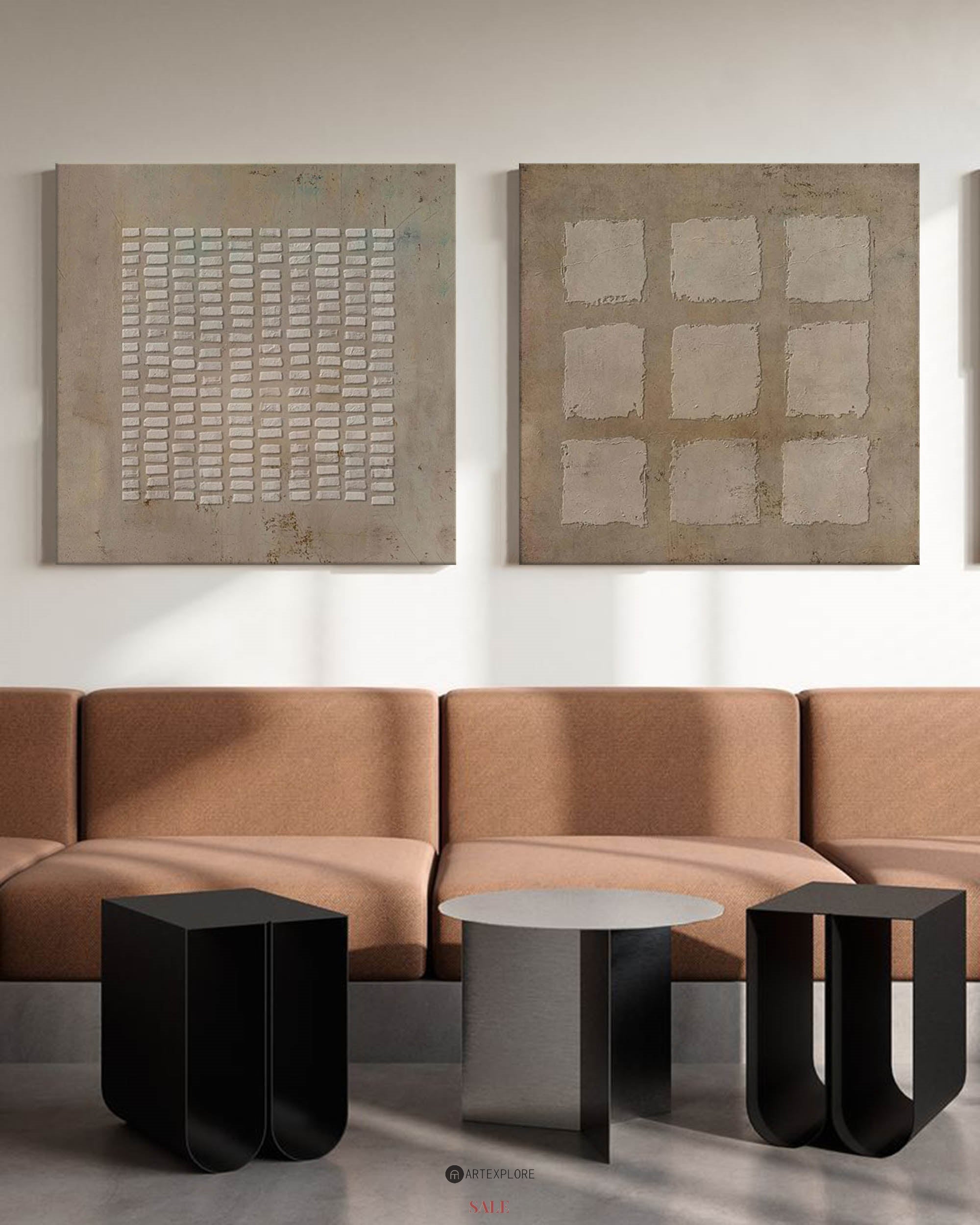 Earthy Taupe‑Beige Grid Diptych Abstract Embossed Textured Artwork