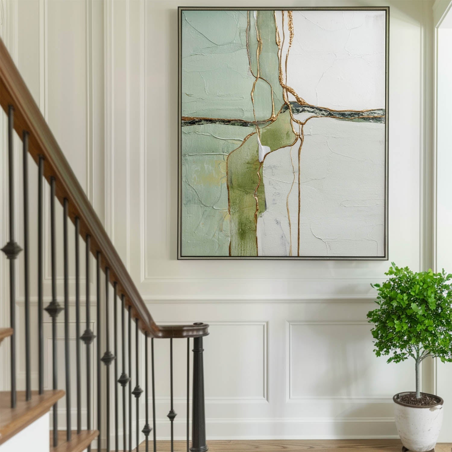 Sage‑Green‑White‑Gold Vertical Abstract Gilded Vein Textured Artwork