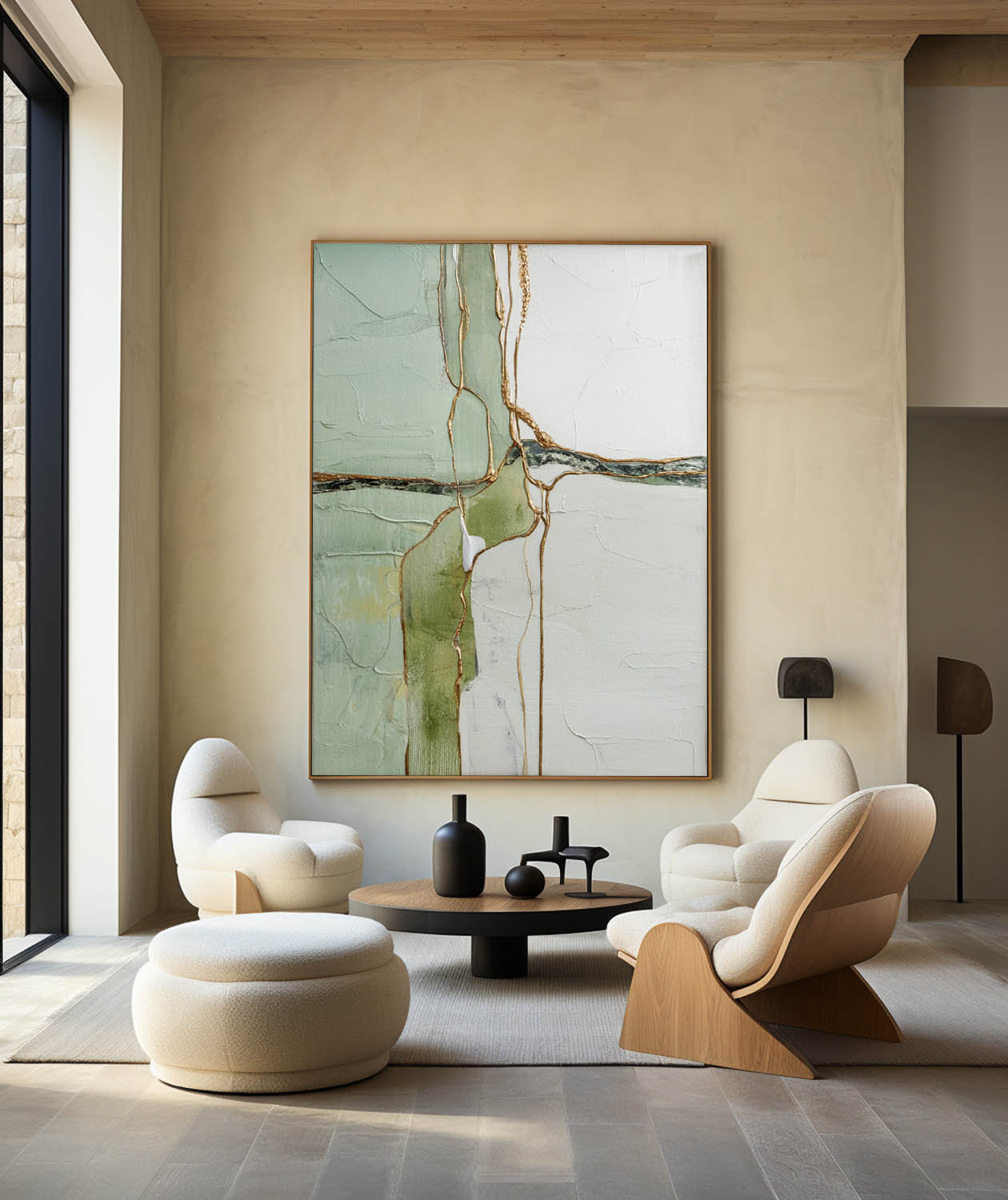 Sage‑Green‑White‑Gold Vertical Abstract Gilded Vein Textured Artwork