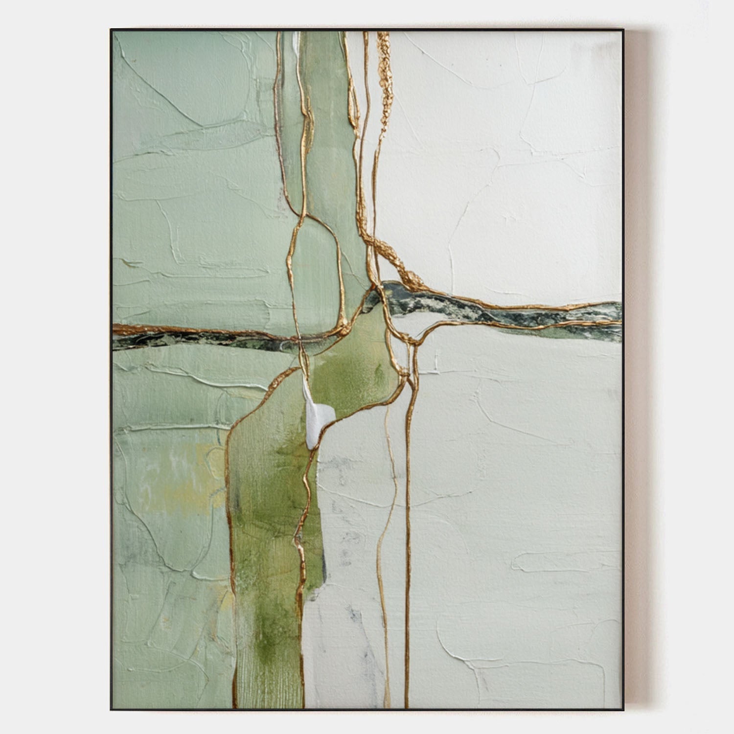 Sage‑Green‑White‑Gold Vertical Abstract Gilded Vein Textured Artwork