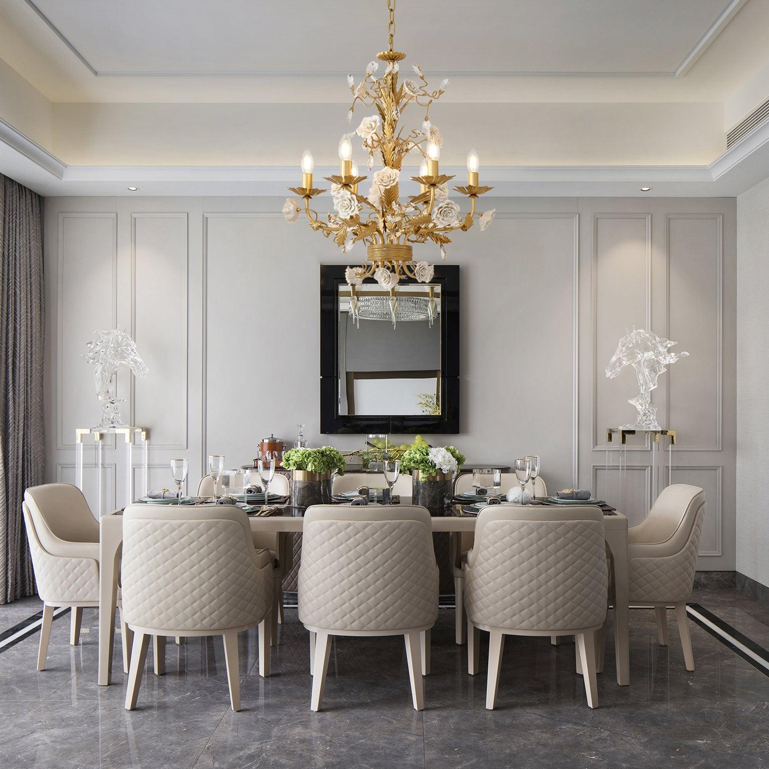 Chandelier Ornate Metal Frame Porcelain Roses Crystal Classic Luxury - Neutralighting