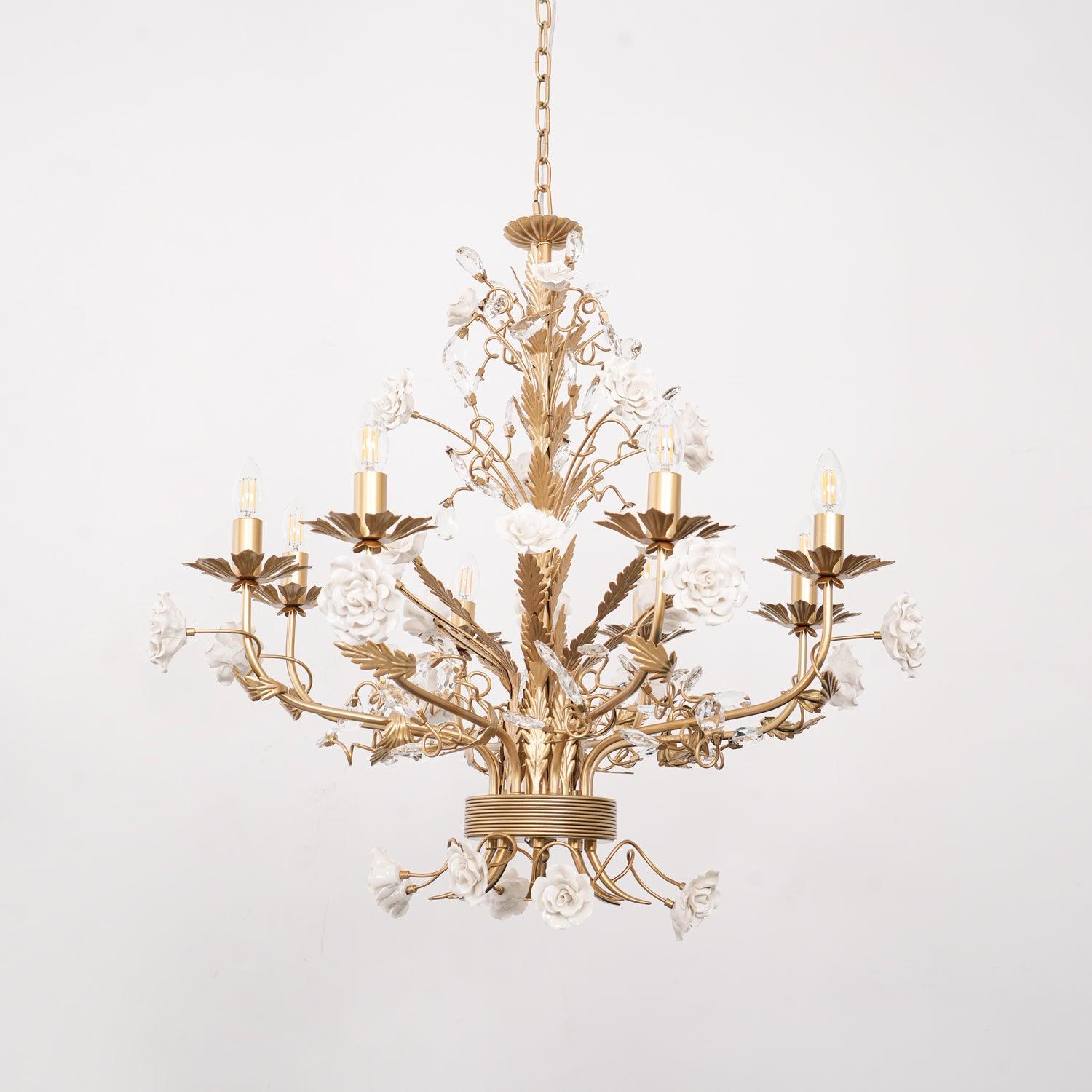 Chandelier Ornate Metal Frame Porcelain Roses Crystal Classic Luxury - Neutralighting