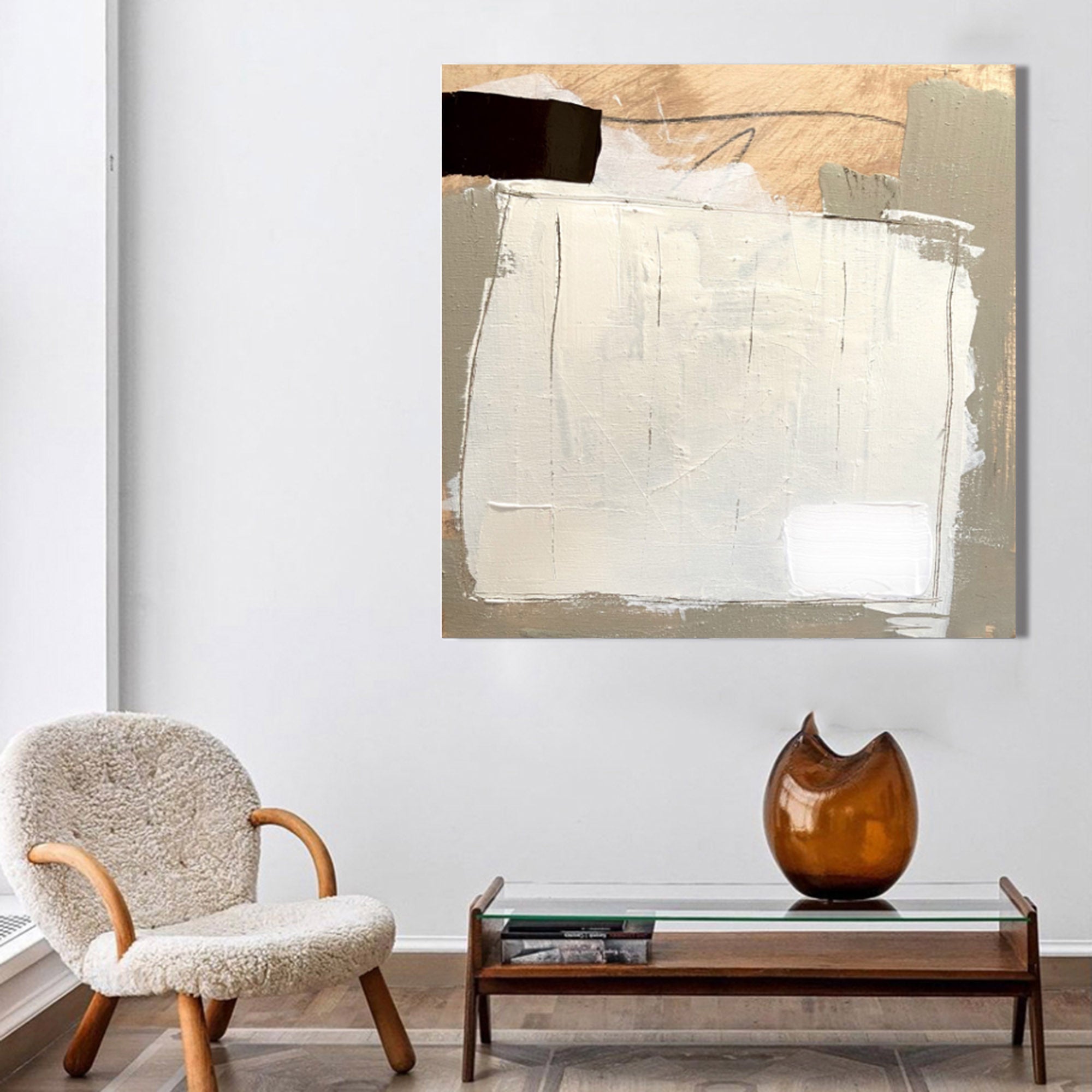 White‑Gold‑Grey Square Layer‑Collage Impasto‑Textured Artwork