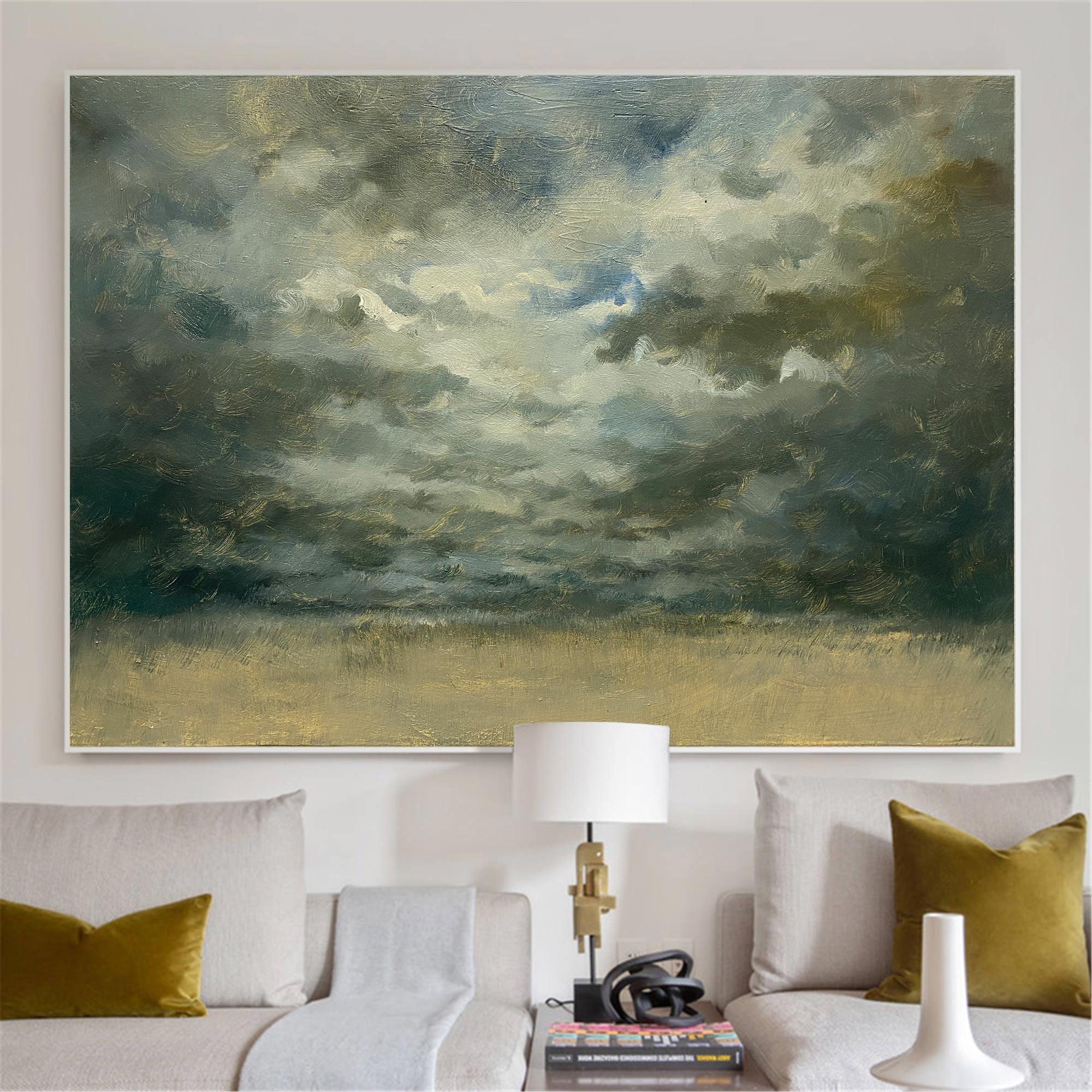 Abstract Stormy Sky Gold Horizon Oil Acrylic Linen Canvas Painting