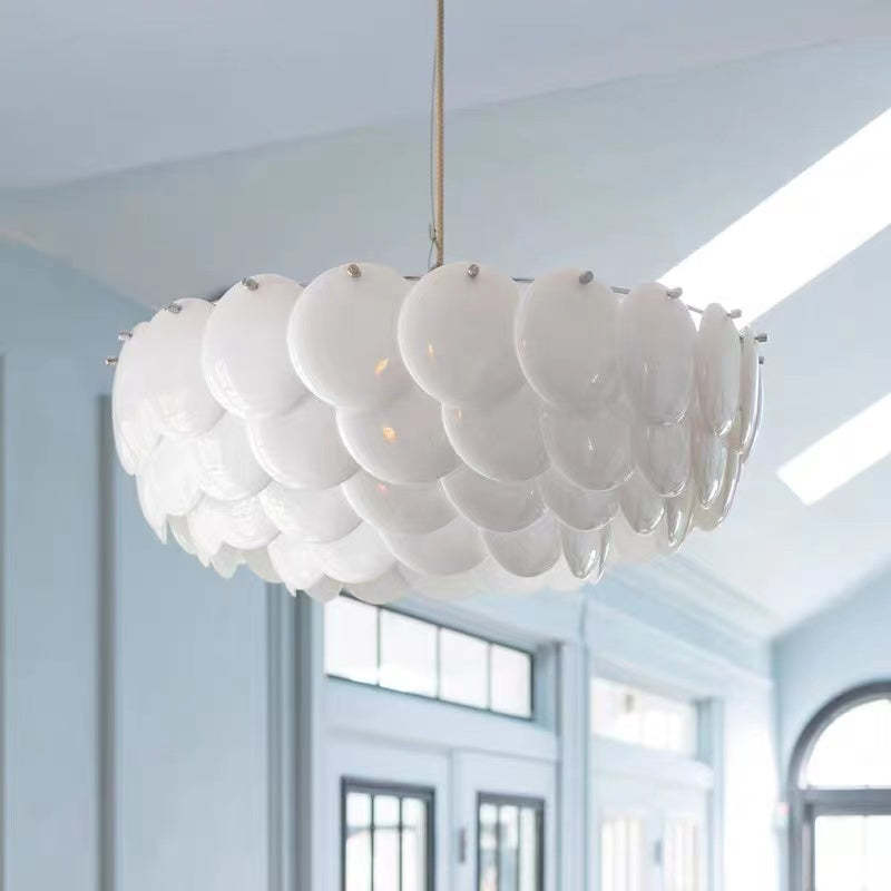 Arisha Wihte Art Deco Chandelier Light Fixture, Ceramic Leaf & Metal - Neutralighting