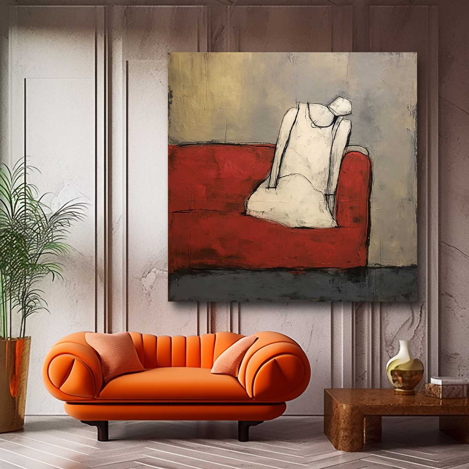 Seated Figure Oil Painting Red Sofa