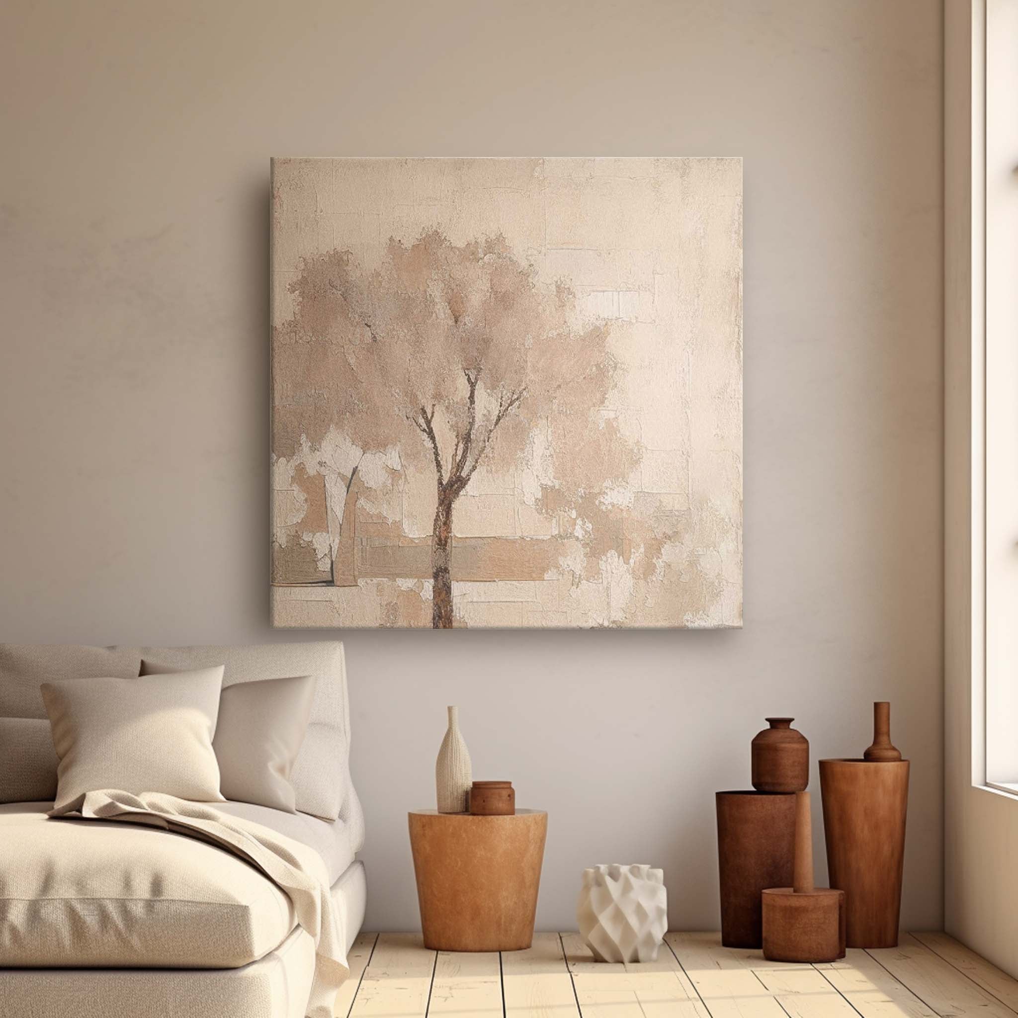 Neutral Beige Tree Abstract Canvas Wall Art