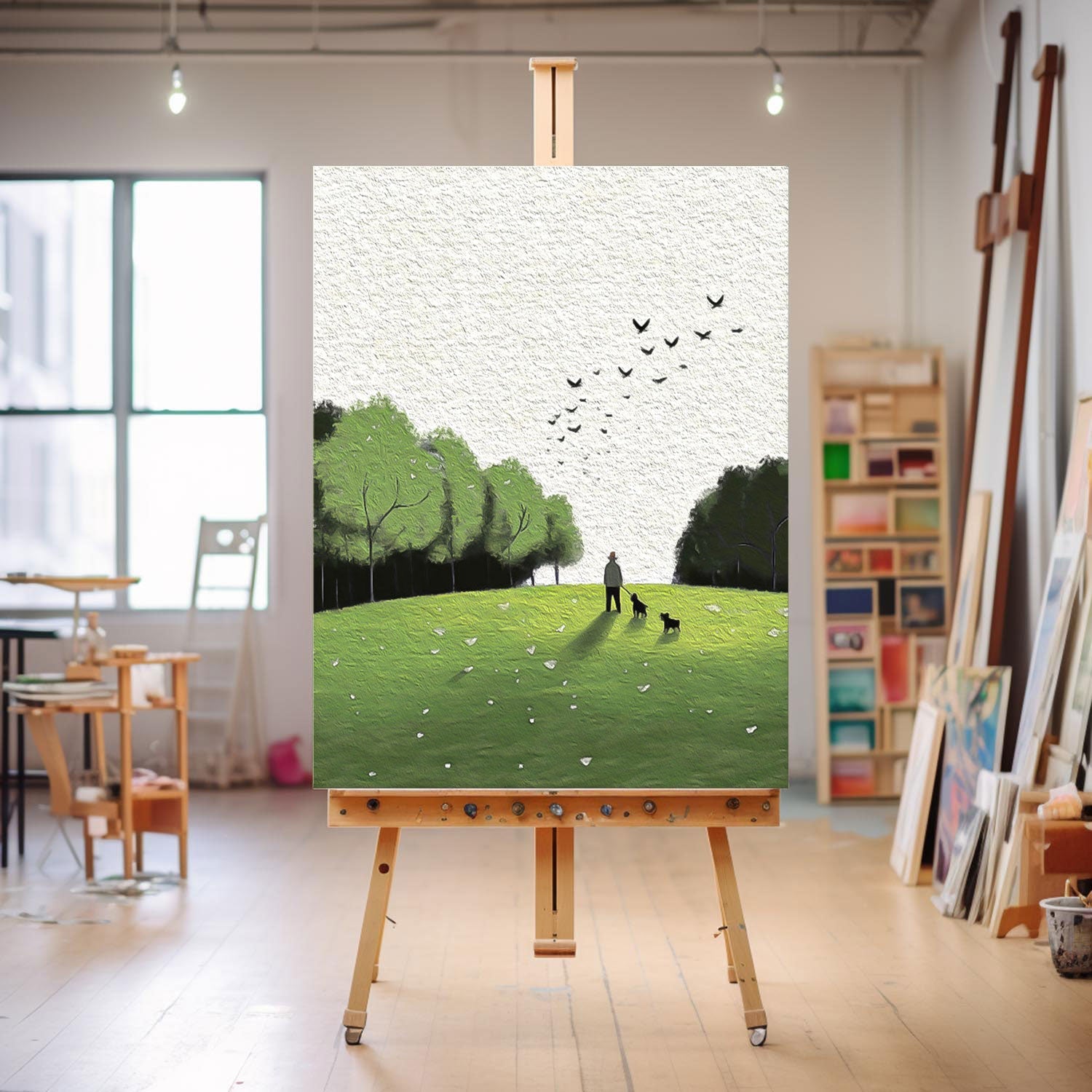 Serene Walk In The Park Textured Art Man Dogs