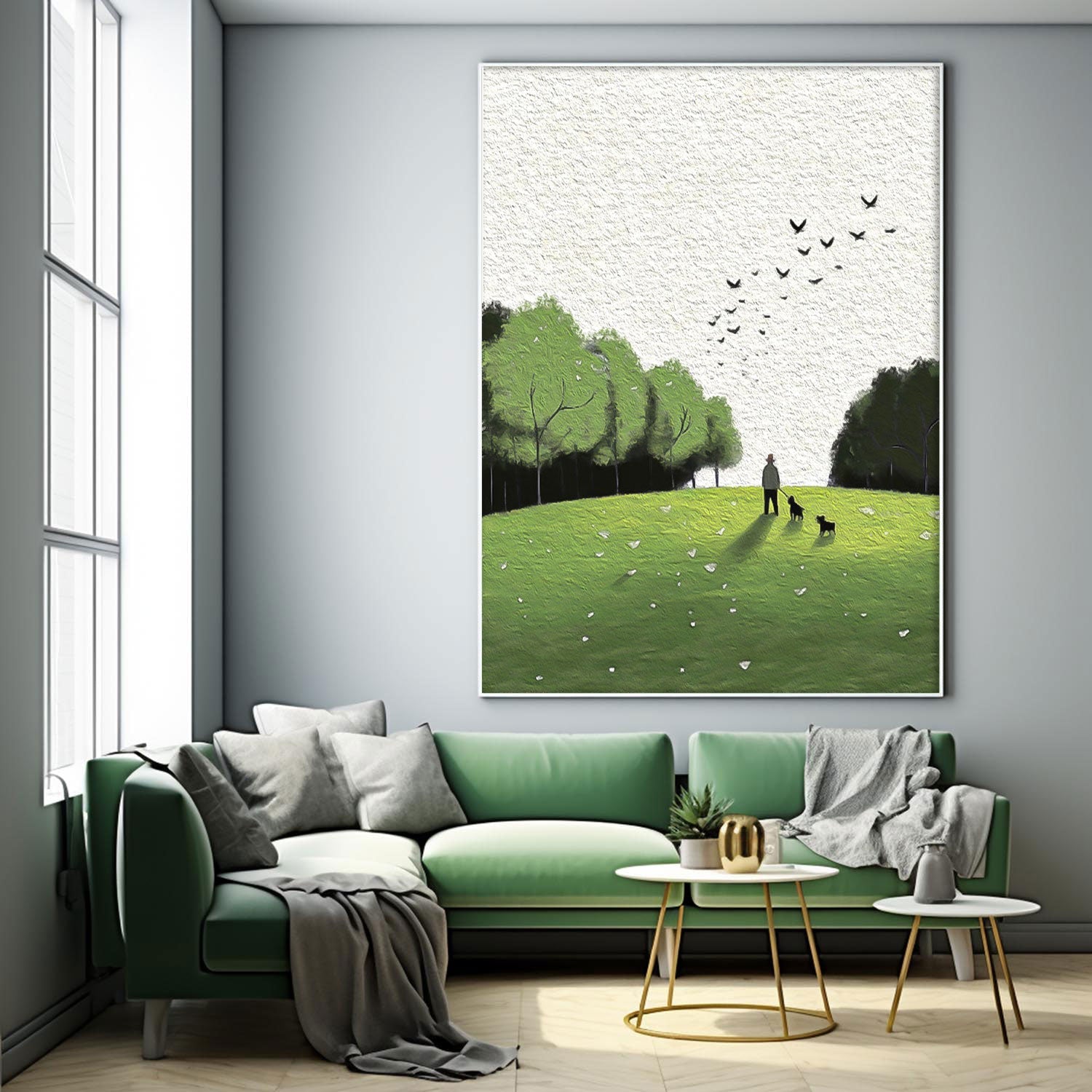 Serene Walk In The Park Textured Art Man Dogs