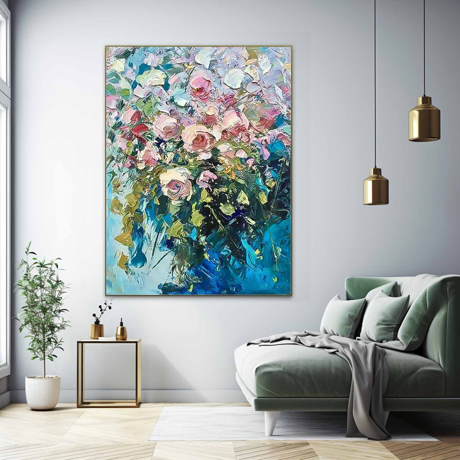 Pink Roses in Blue Vase Impasto Canvas Wall Art