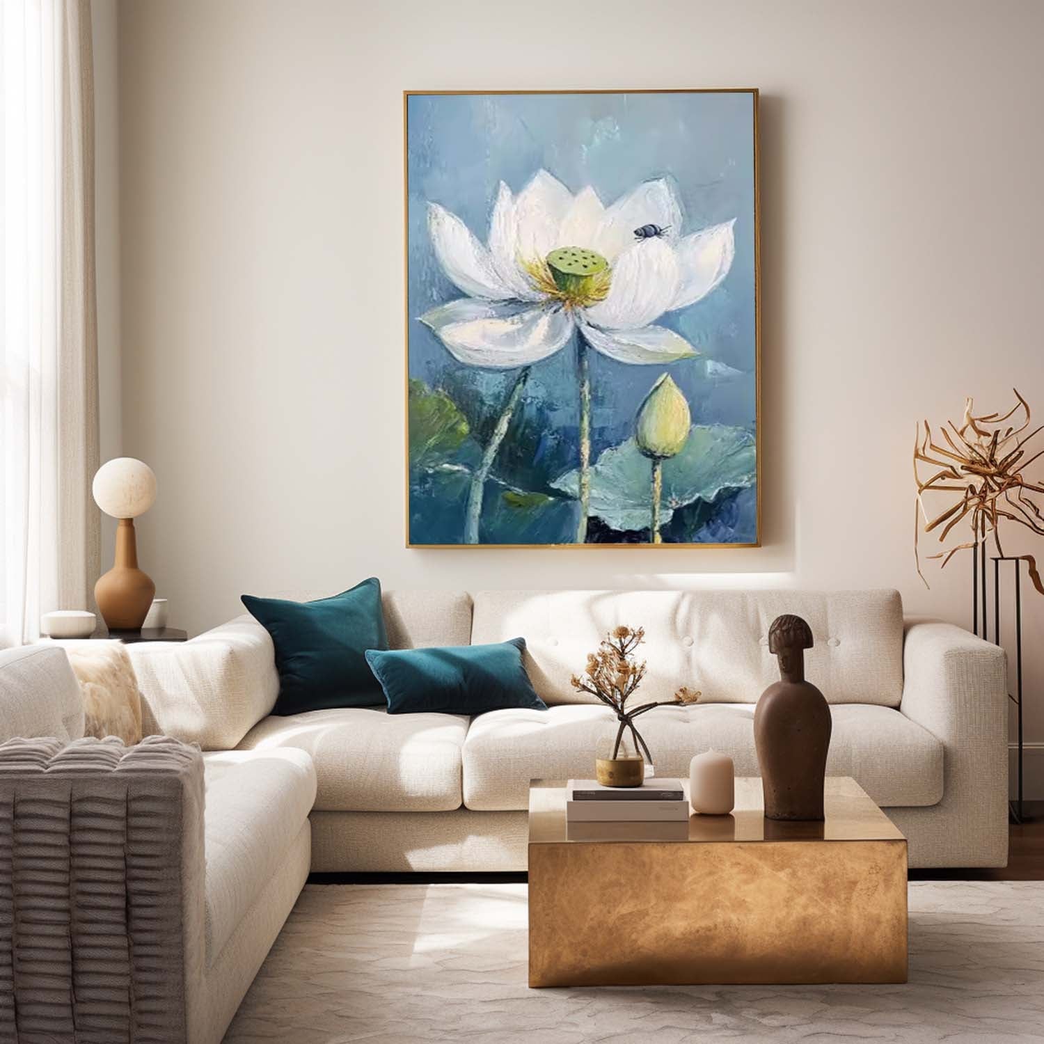 Serene White Lotus Oil Painting With Bee Accent