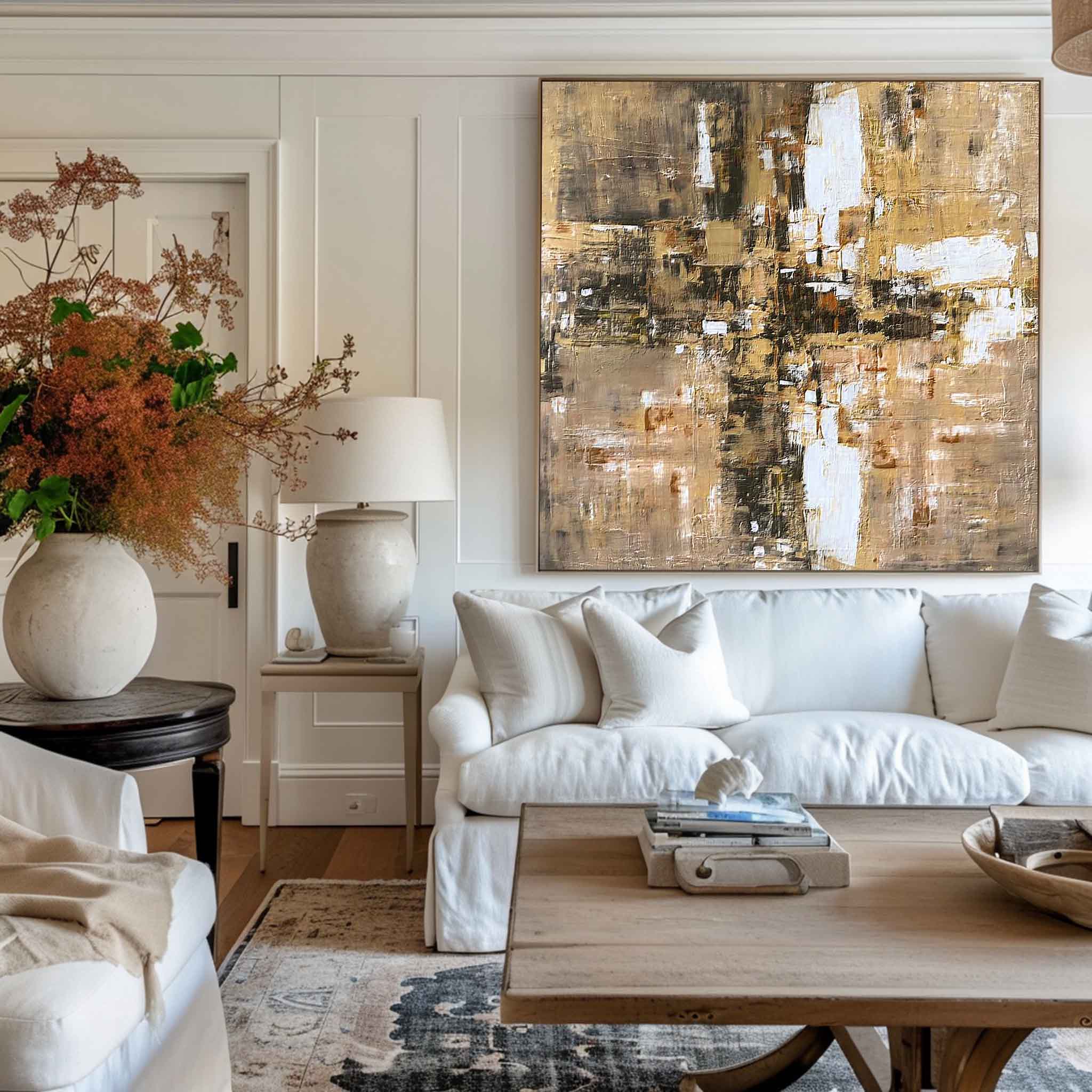 Abstract Gold Brown White Textured Layer Painting