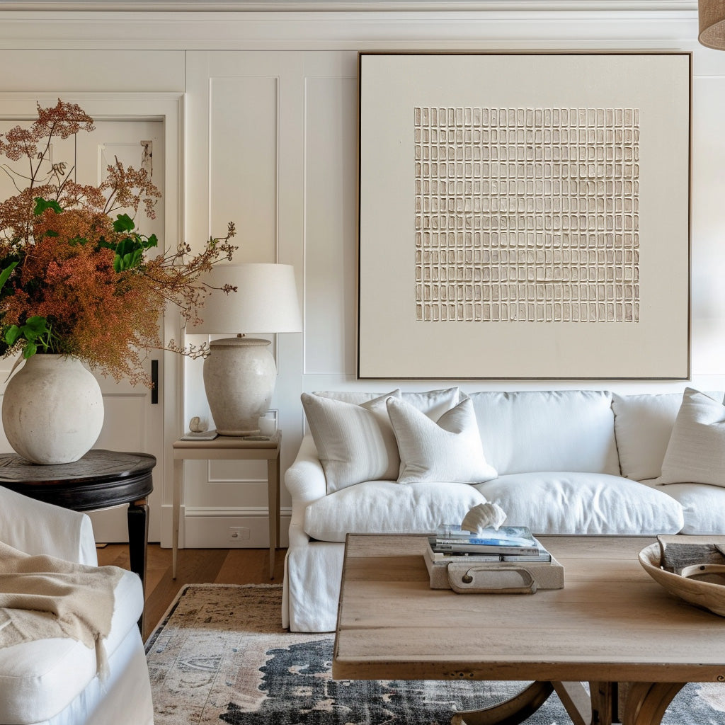 Neutral Grid Pattern Textured Contemporary Wall Art