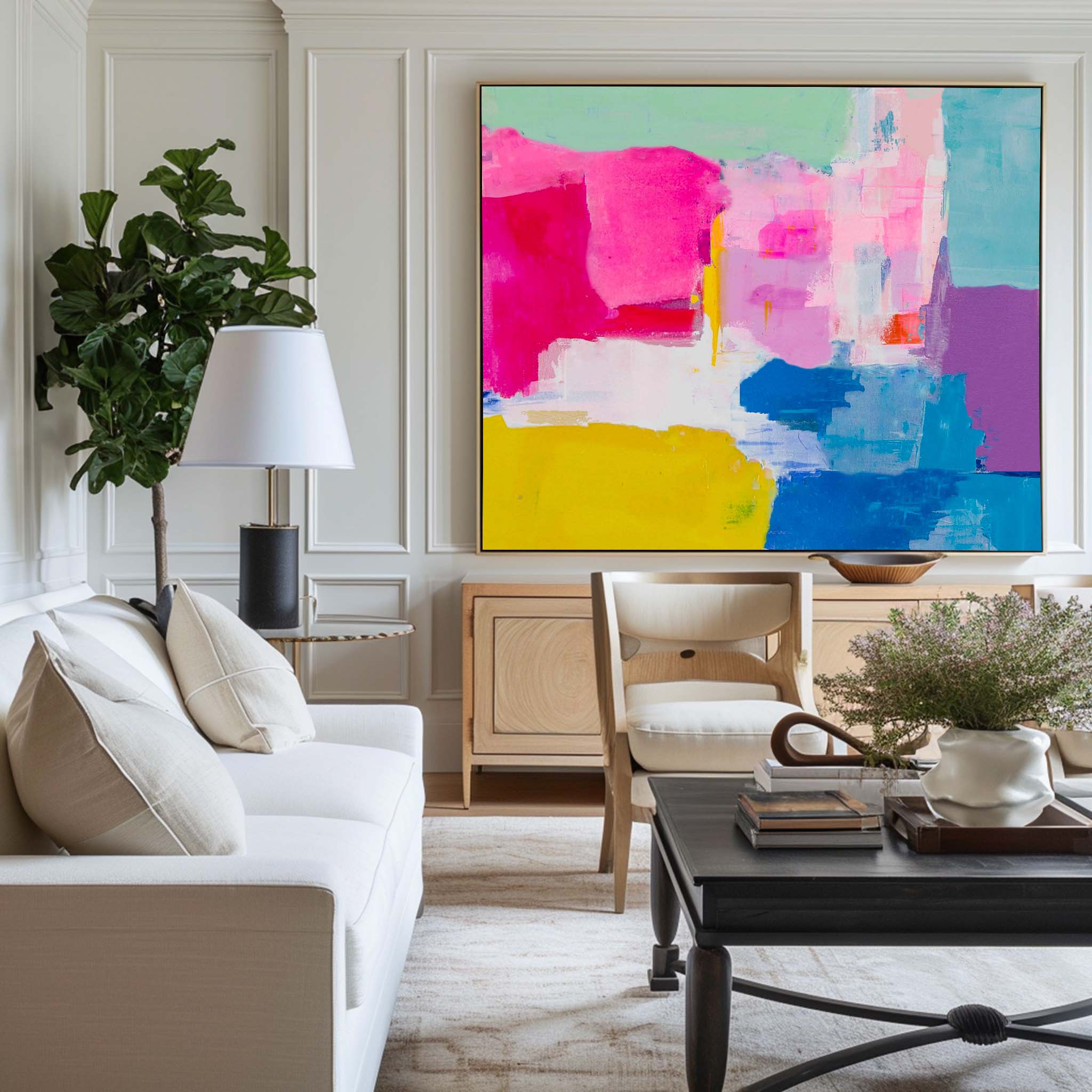 Hot‑Pink‑Yellow‑Purple‑Teal Horizontal Vibrant Geometric Abstract Textured Artwork