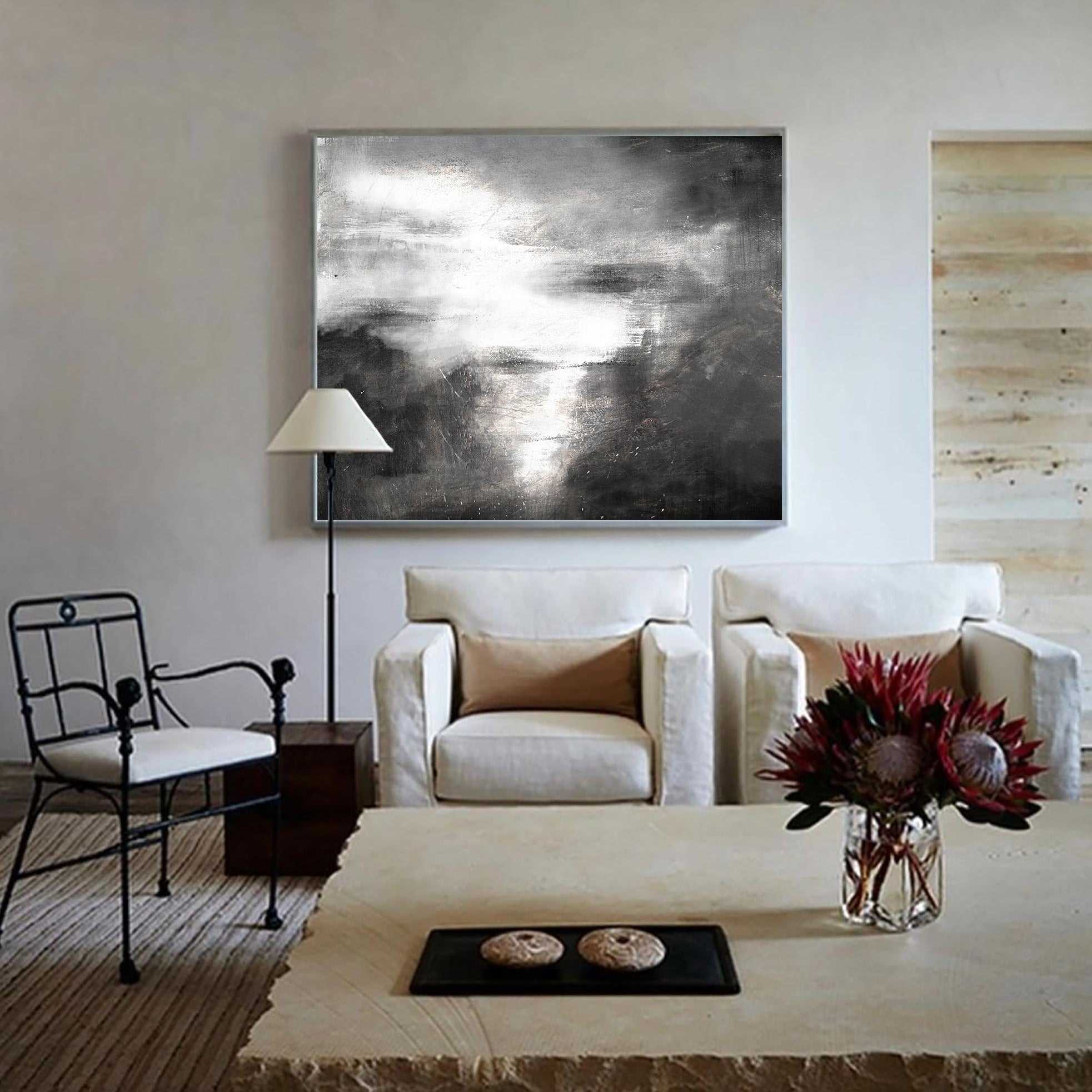 Seascape Black White Ocean Storm Abstract Painting