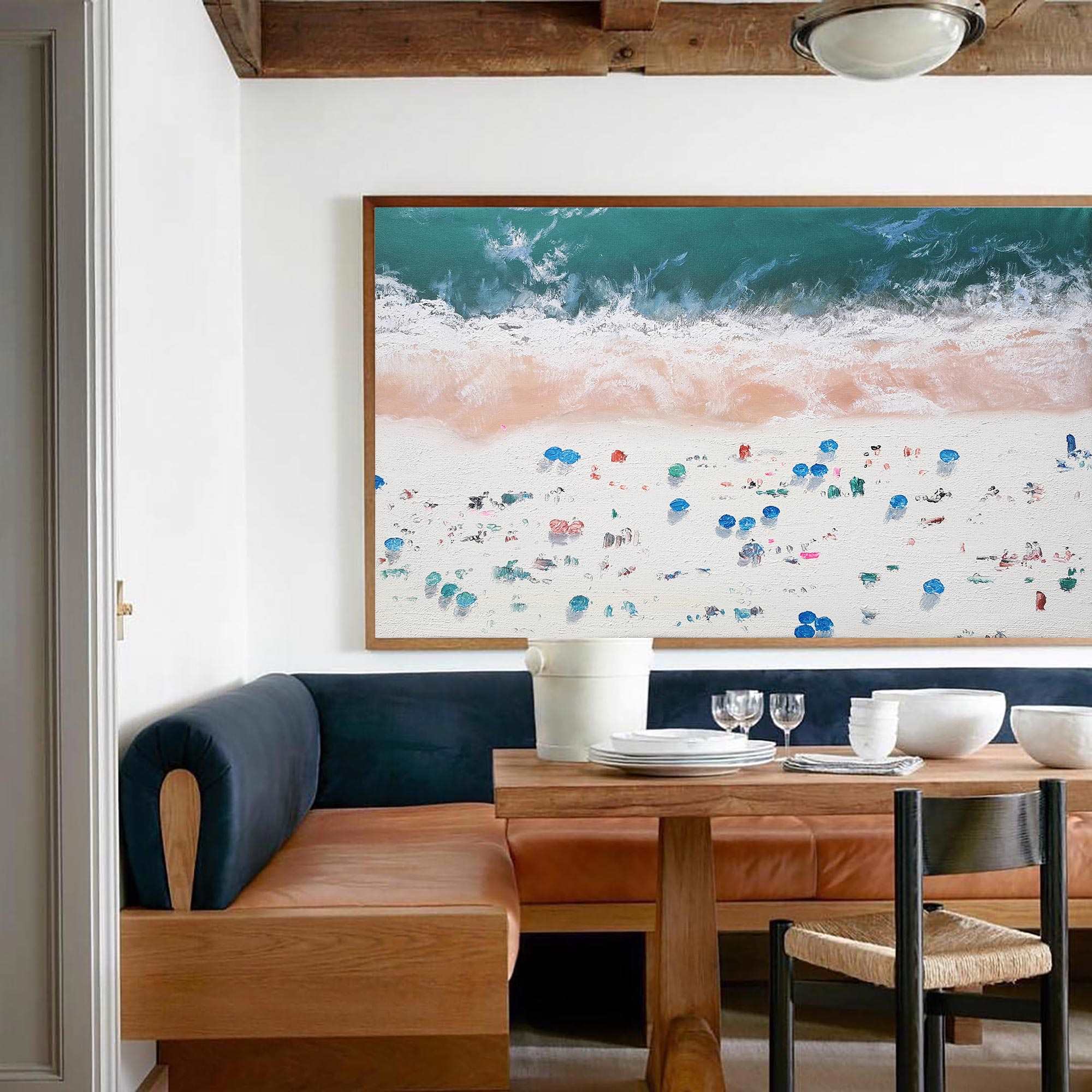 Teal‑Pink‑White Horizontal Beach‑Scene Impasto‑Textured Artwork