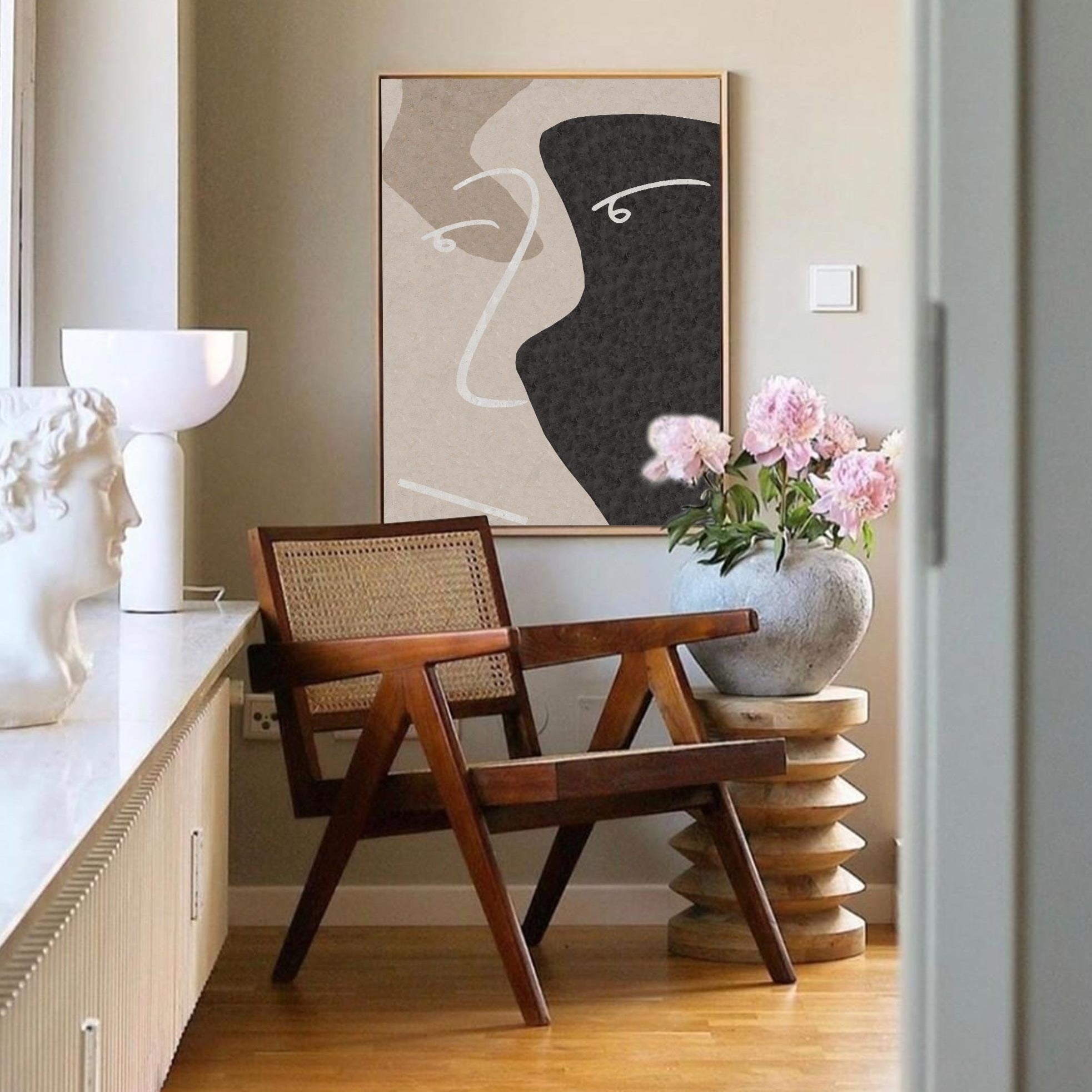 Abstract Black Beige Face Silhouette Minimalist Painting