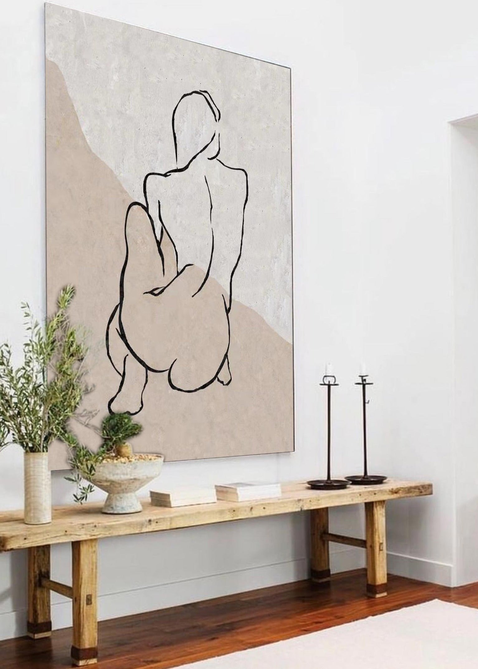 Beige‑Taupe Vertical Figure‑Sketch Line‑Textured Artwork