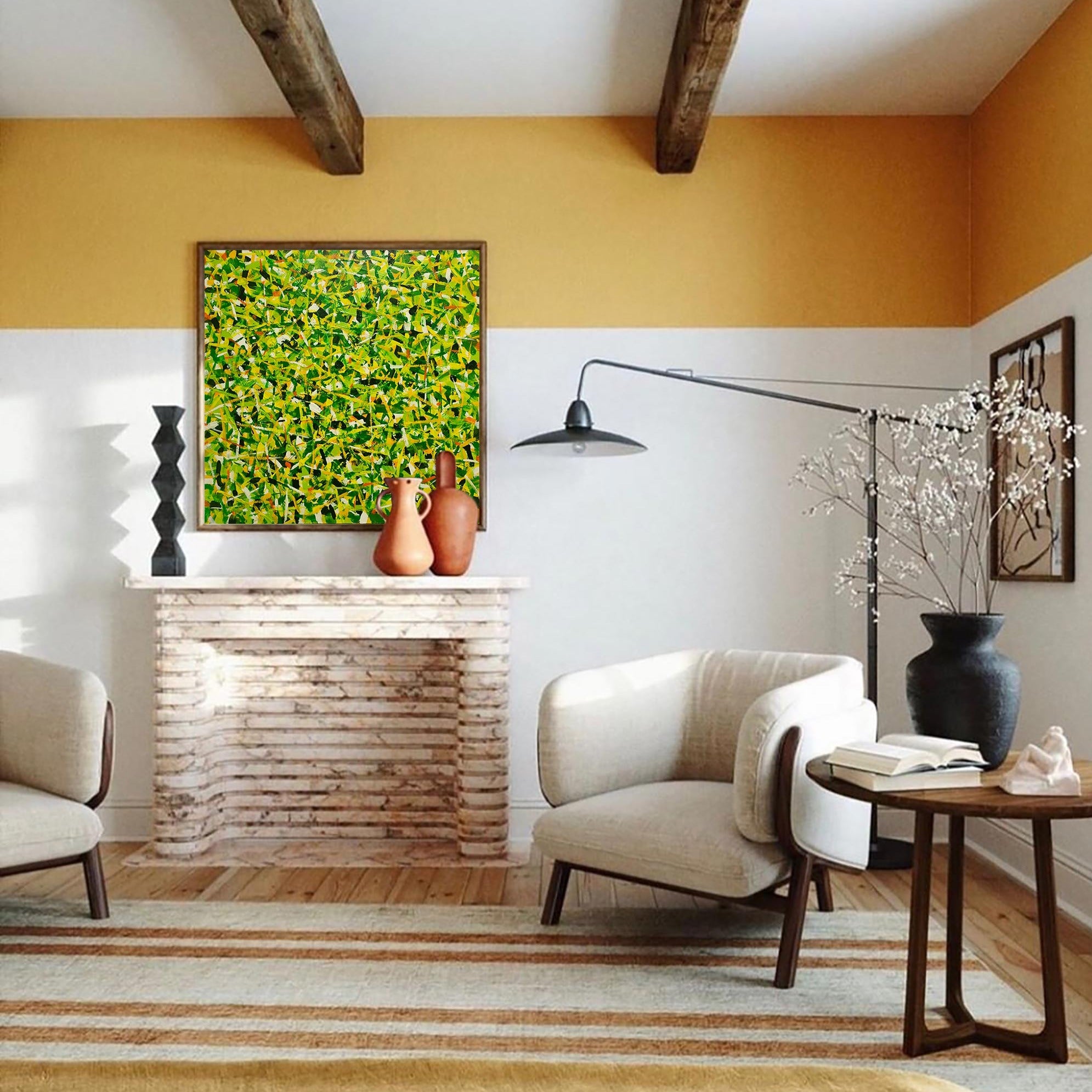 Green Yellow Textured Square Abstract Art