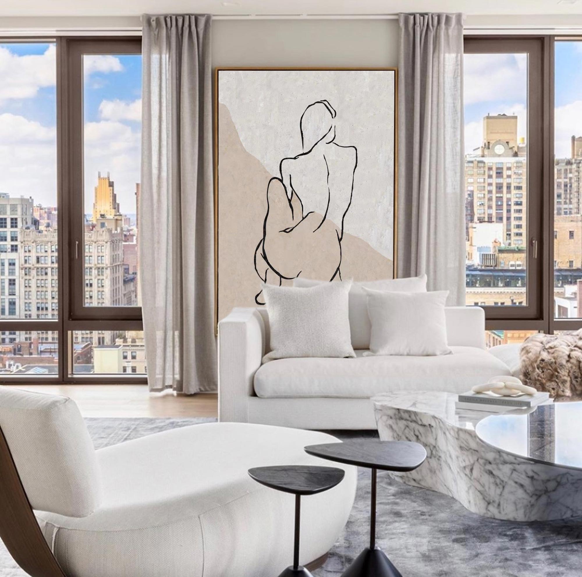 Beige‑Taupe Vertical Figure‑Sketch Line‑Textured Artwork
