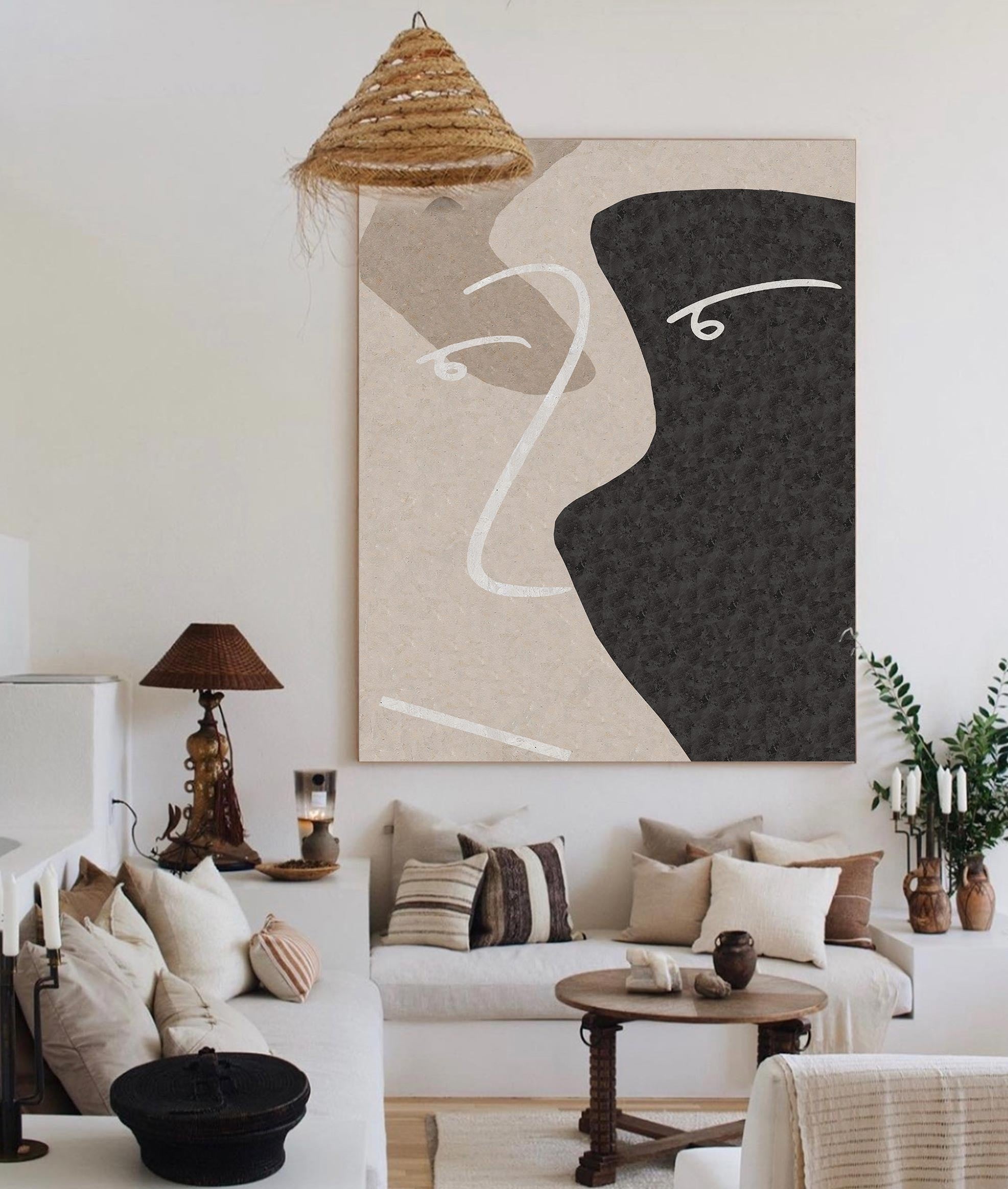 Abstract Black Beige Face Silhouette Minimalist Painting