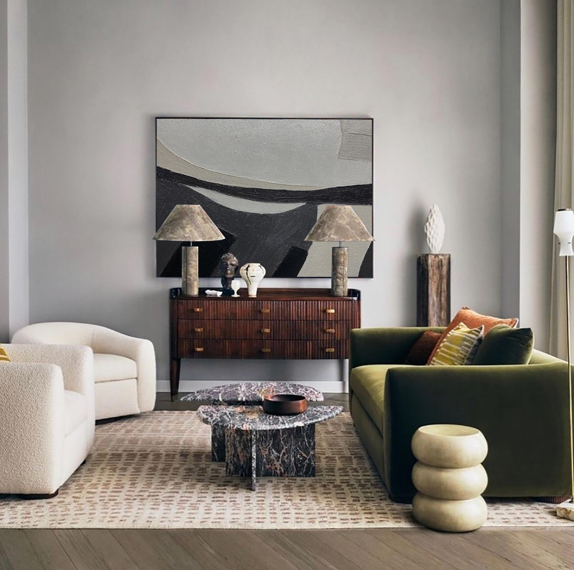 Contemporary Minimalist Black Beige Abstract Geometric Painting