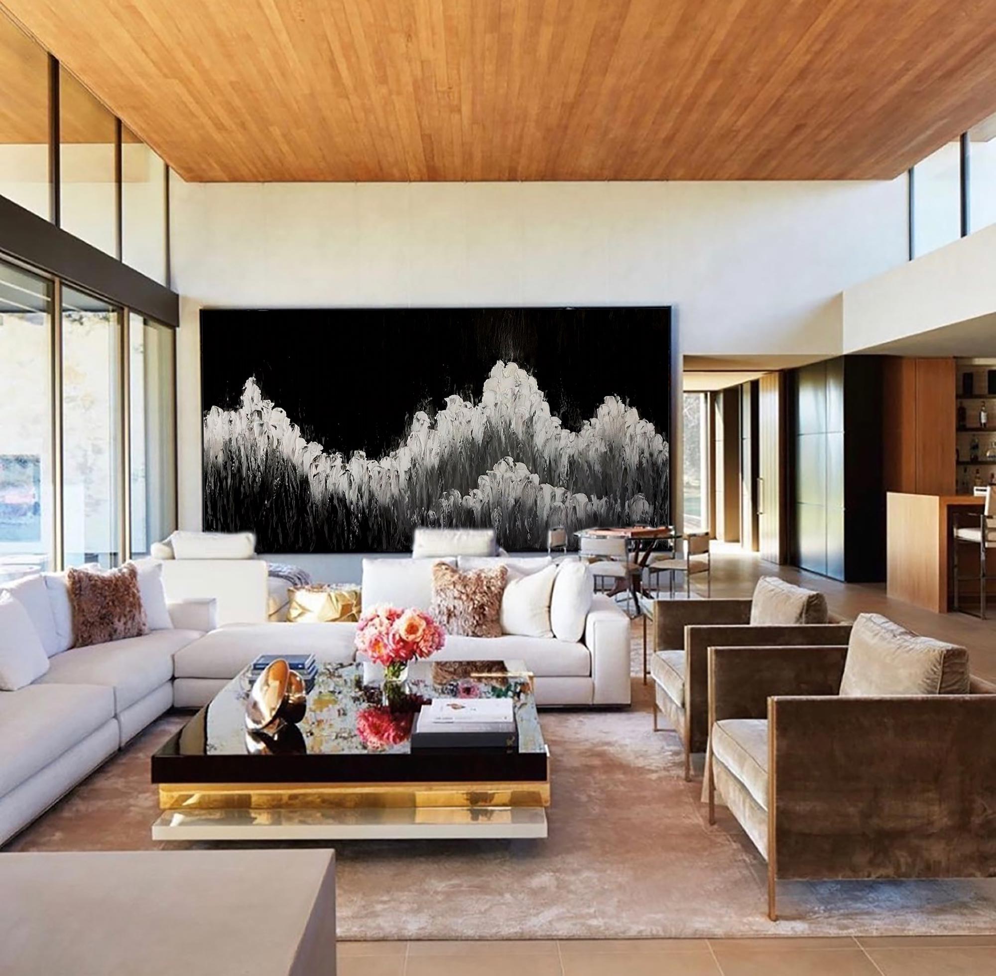 Abstract Black White Mountain Landscape Painting