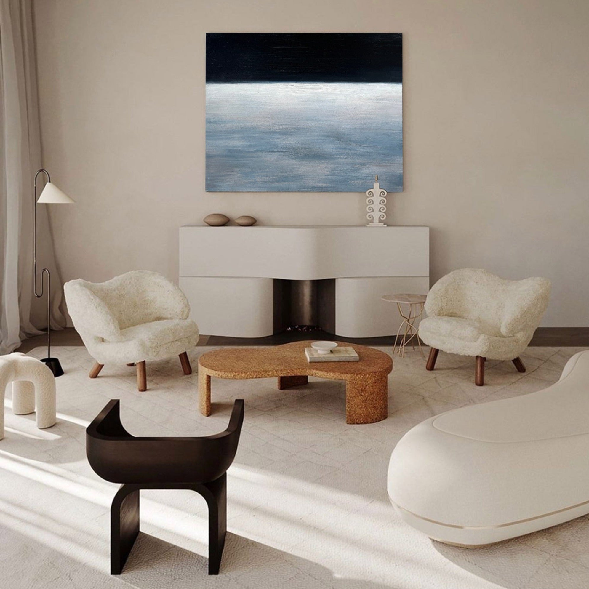 Minimal Dark Ocean Horizon Abstract Canvas Wall Hanging