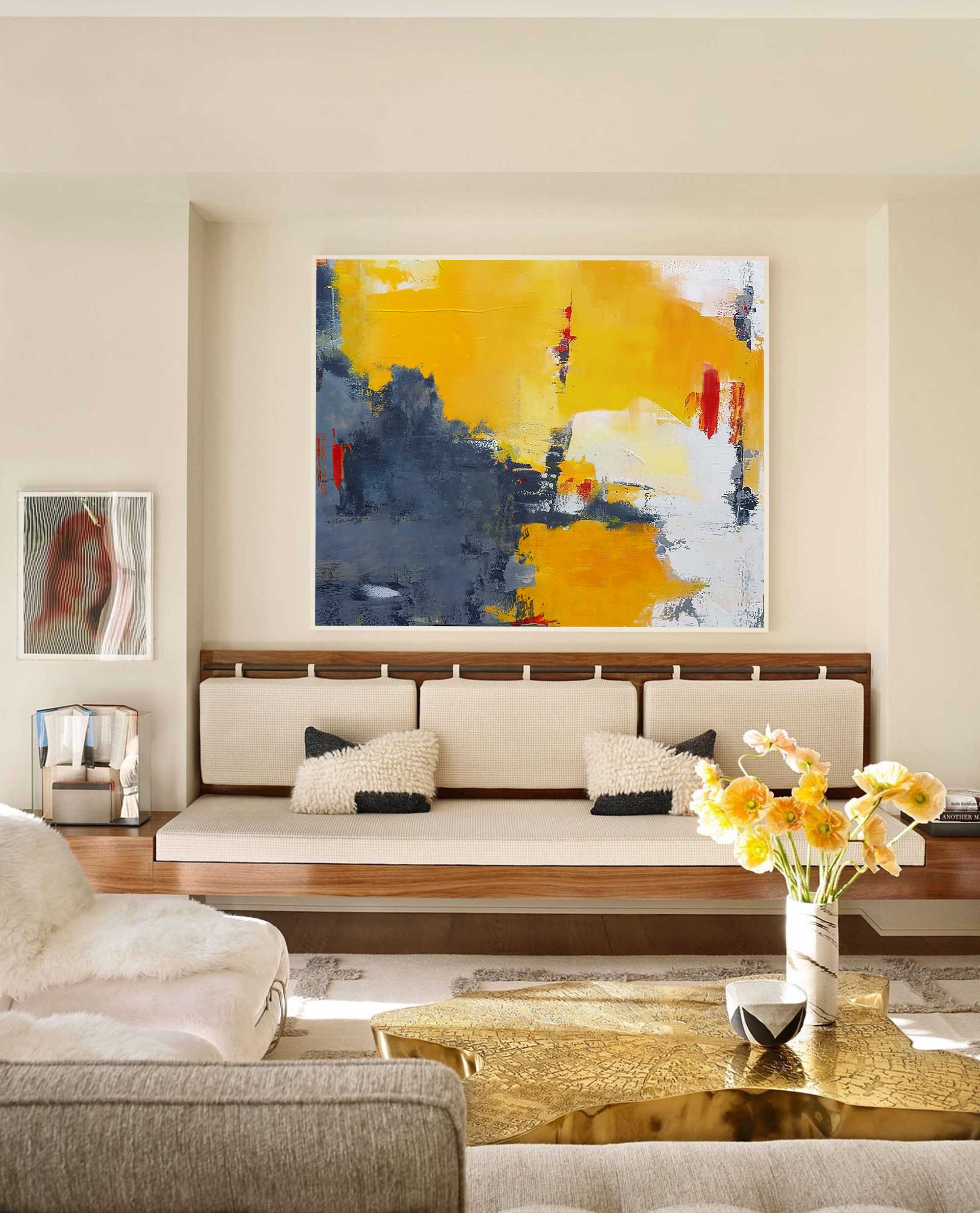 Striking Red Accent Modern Abstract Wall Art
