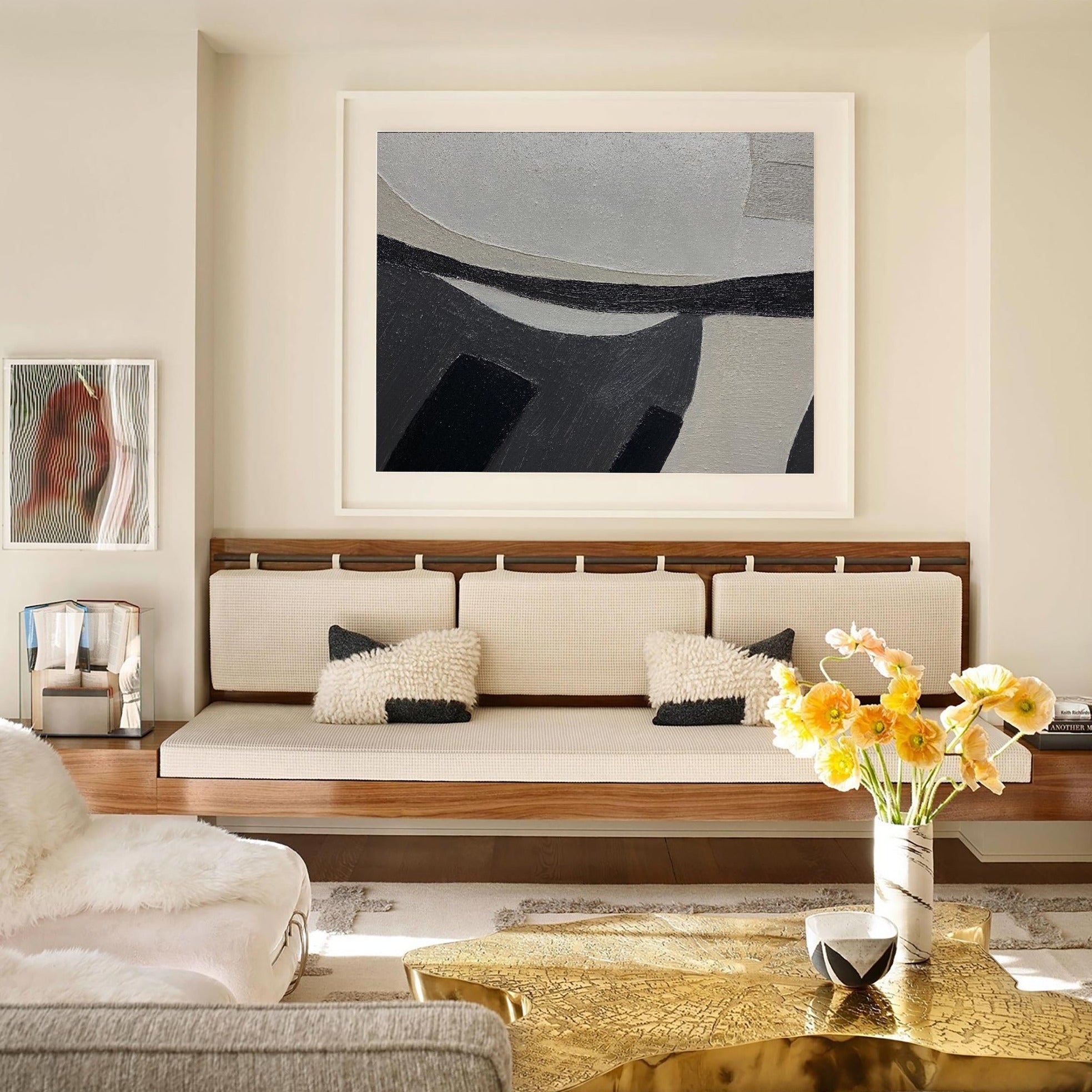 Contemporary Minimalist Black Beige Abstract Geometric Painting