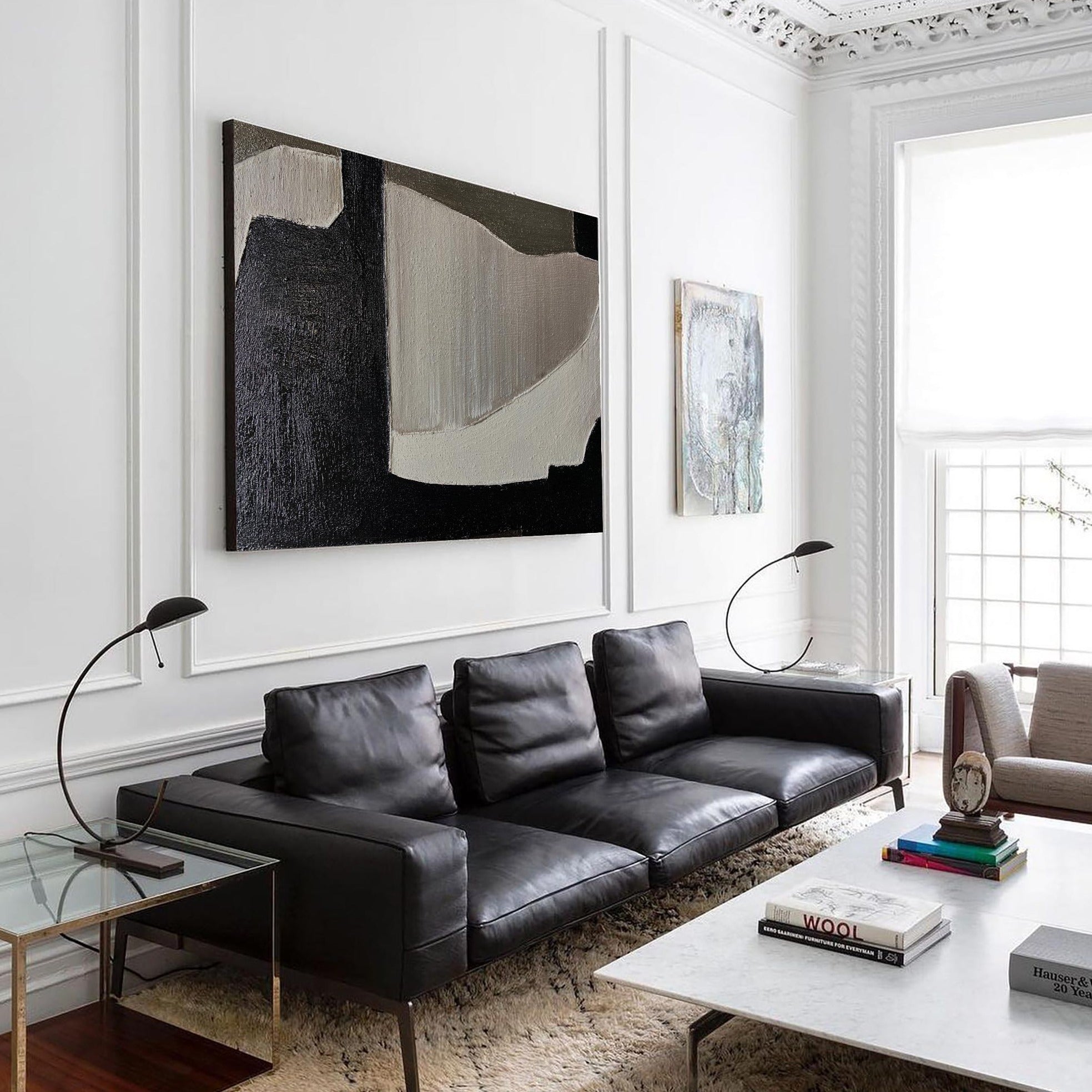 Contemporary Abstract Black White Beige Geometric Minimalist Painting
