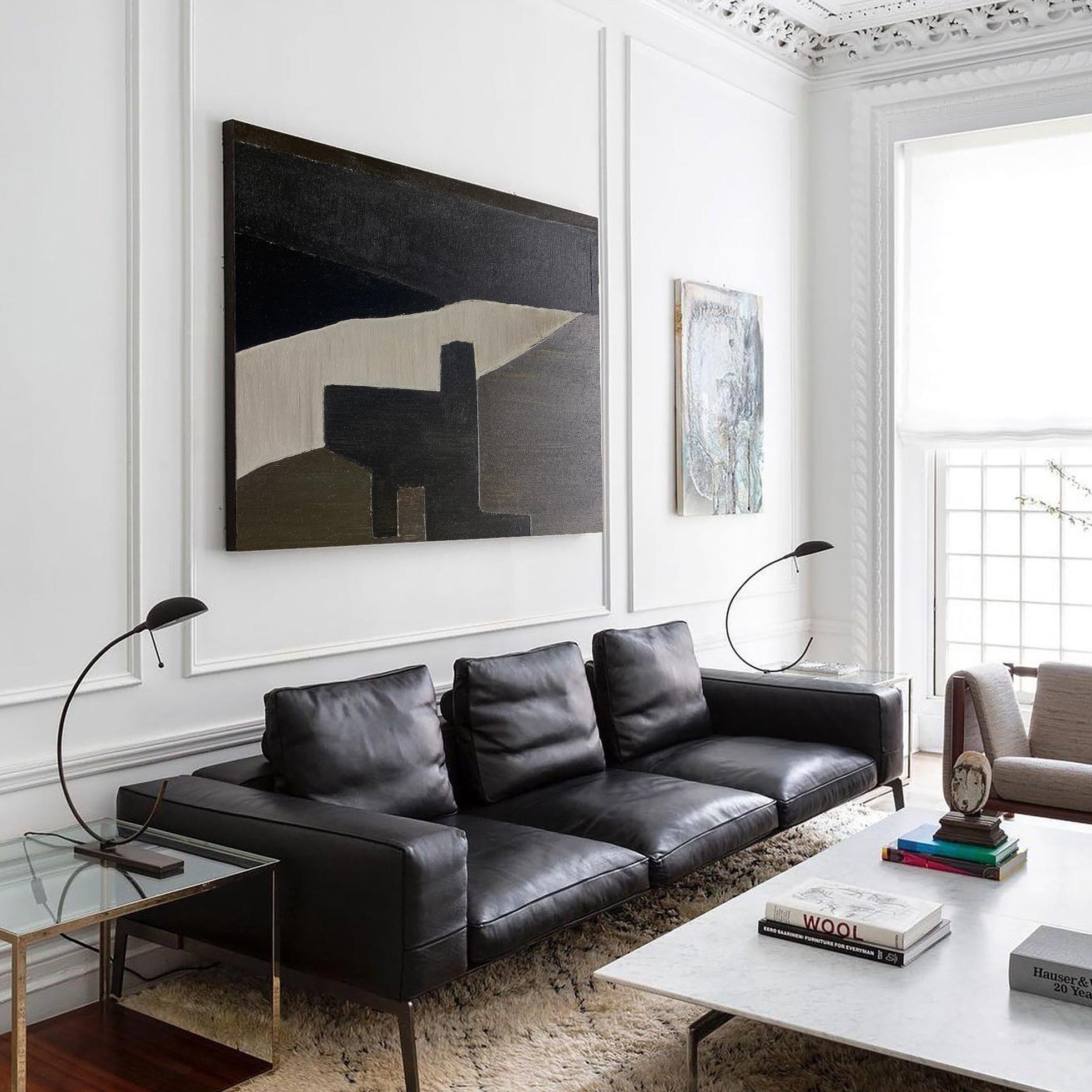 Contemporary Minimalist Black Grey Beige Geometric Abstract Painting