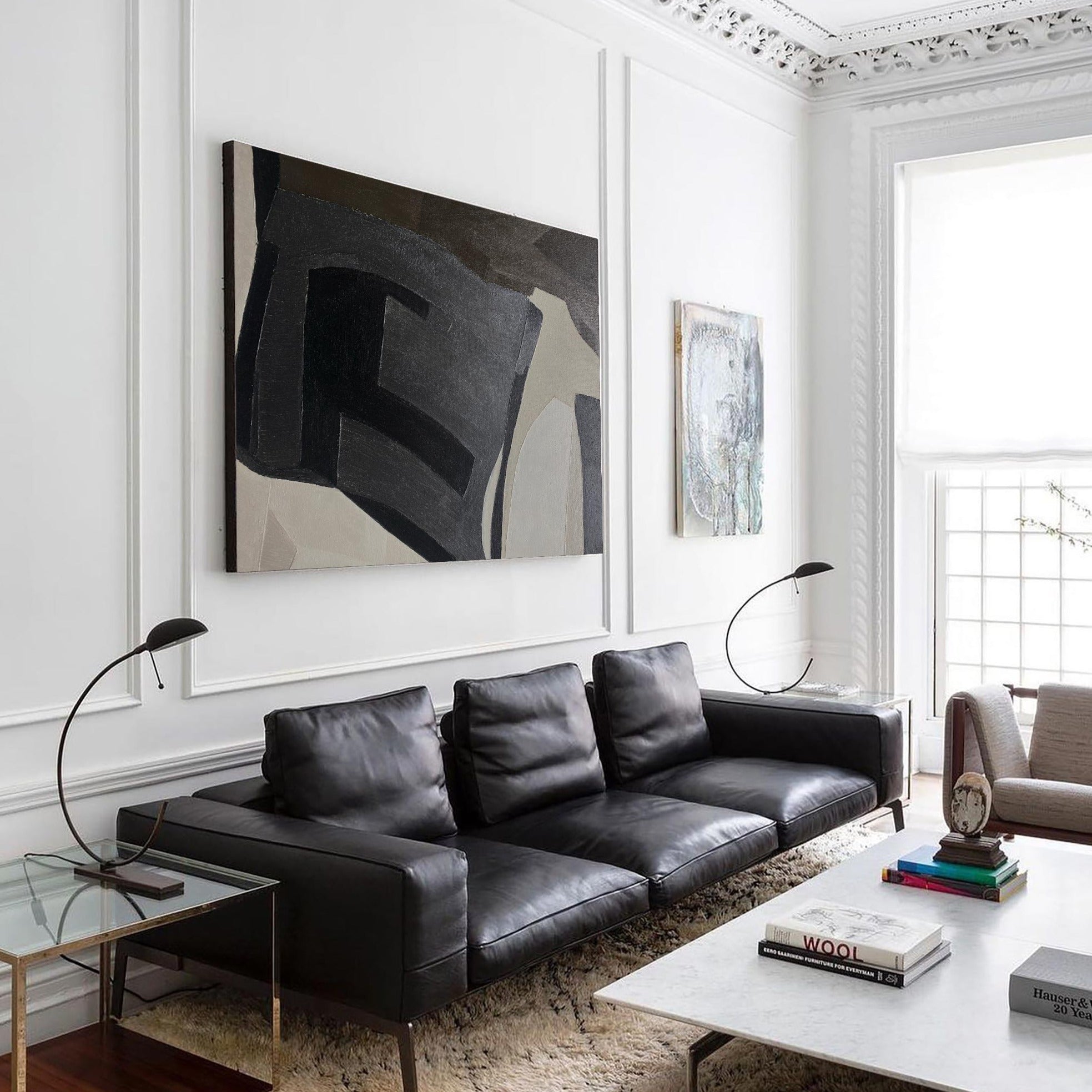 Contemporary Minimalist Black Beige Grey Geometric Abstract Painting