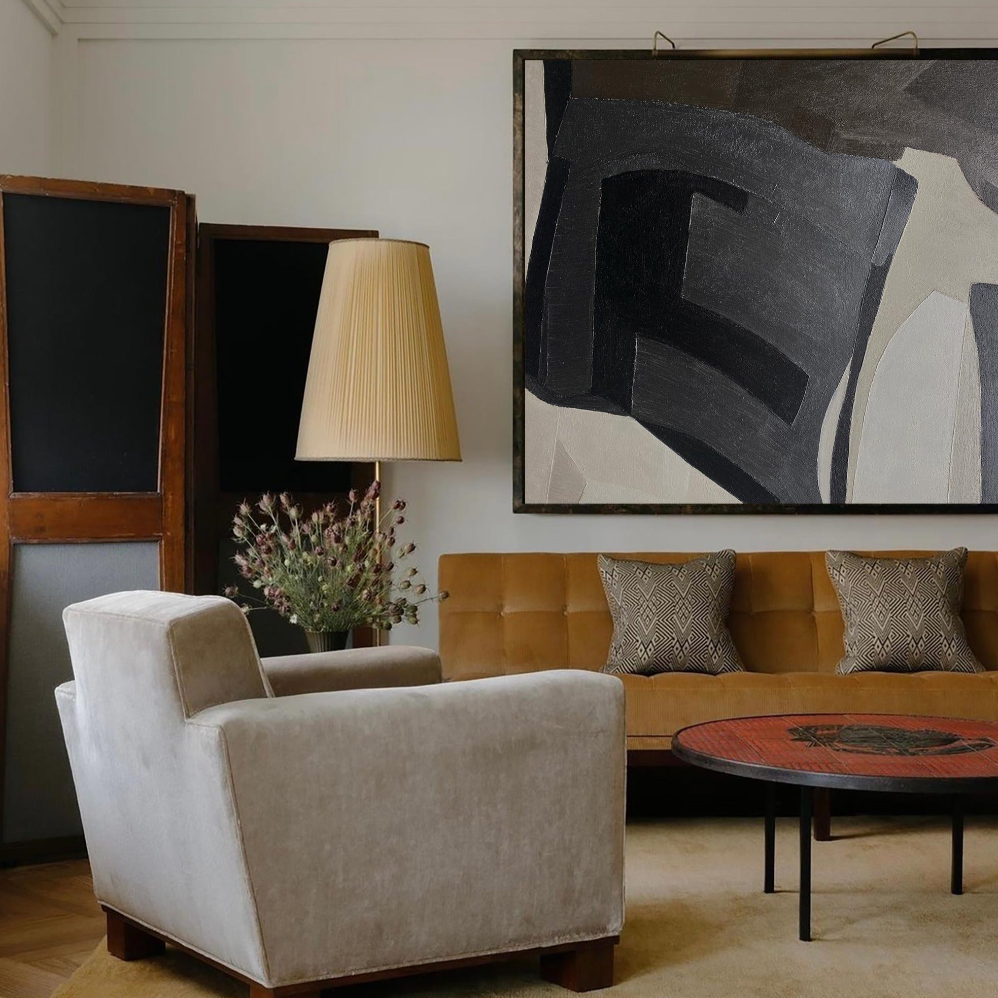 Contemporary Minimalist Black Beige Grey Geometric Abstract Painting