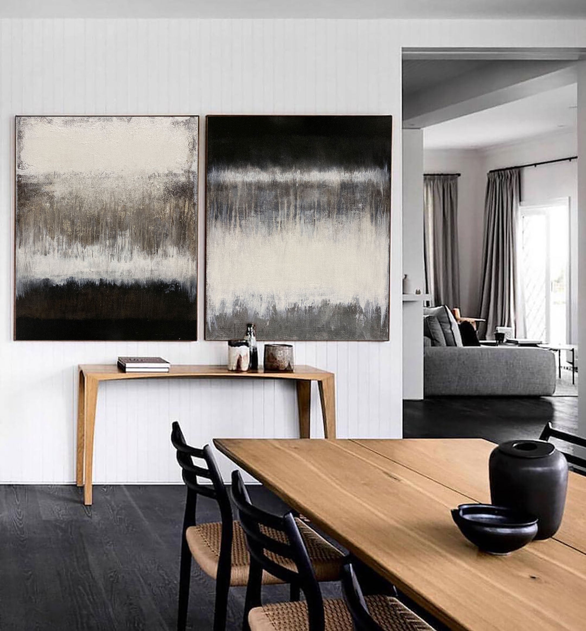 Black‑White‑Taupe Vertical 2‑Panel Gradient‑Textured Artwork