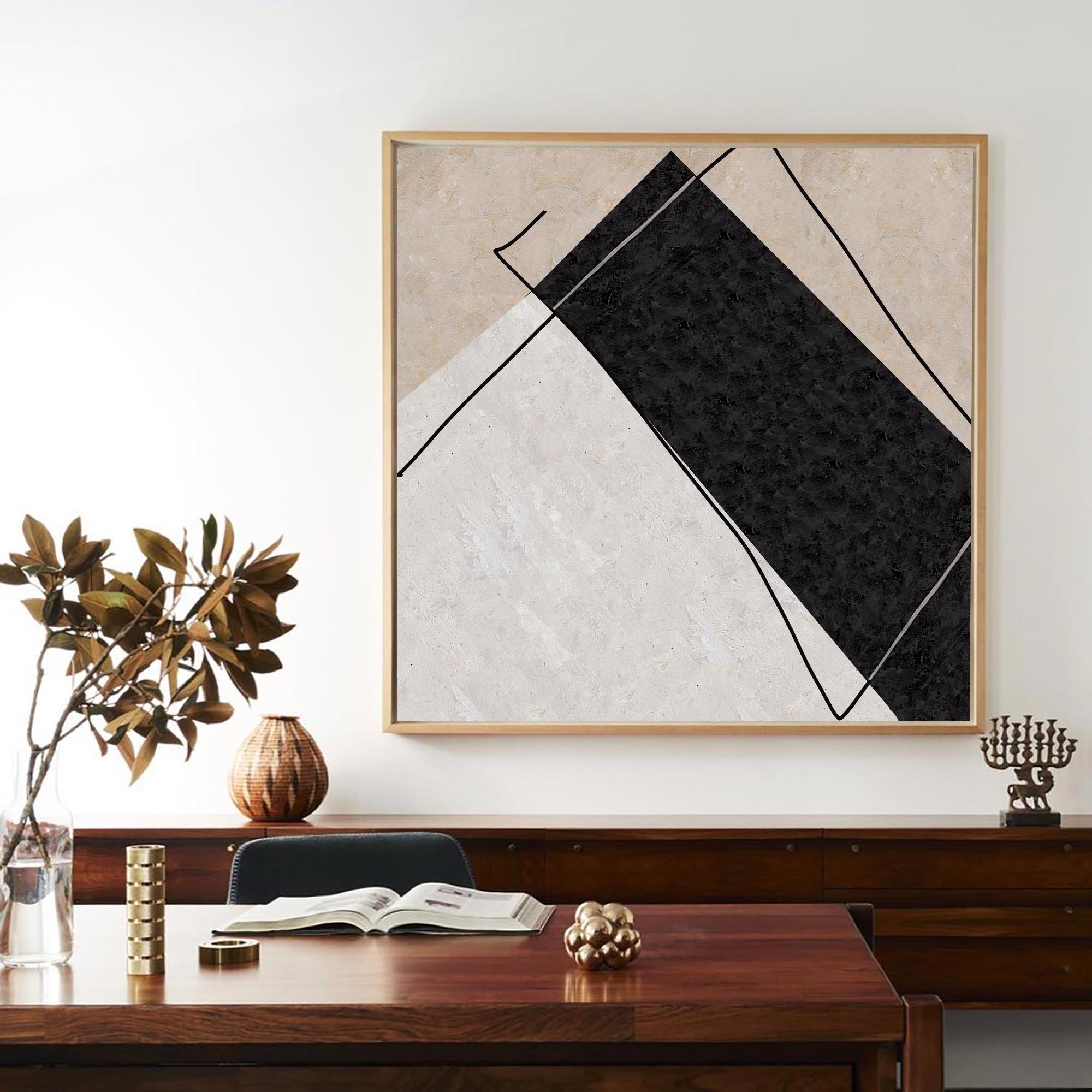 Abstract Black Beige Geometric Diamond Shape Painting