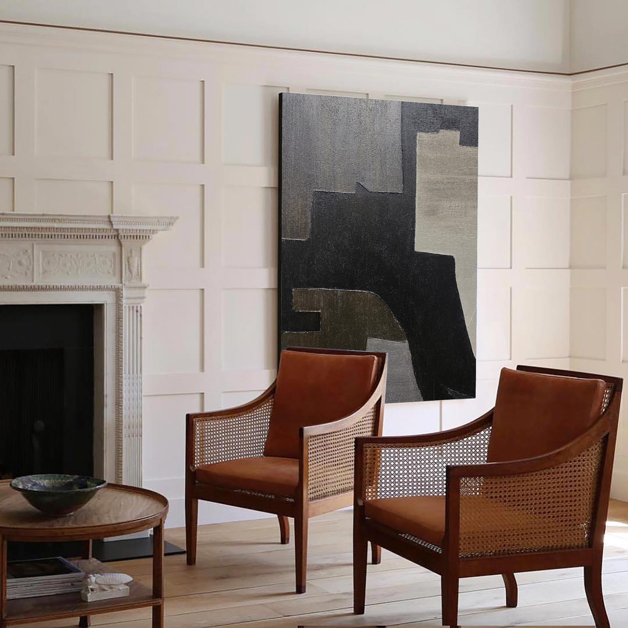 Black‑Grey‑Beige Vertical Geometric‑Block Impasto‑Textured Artwork