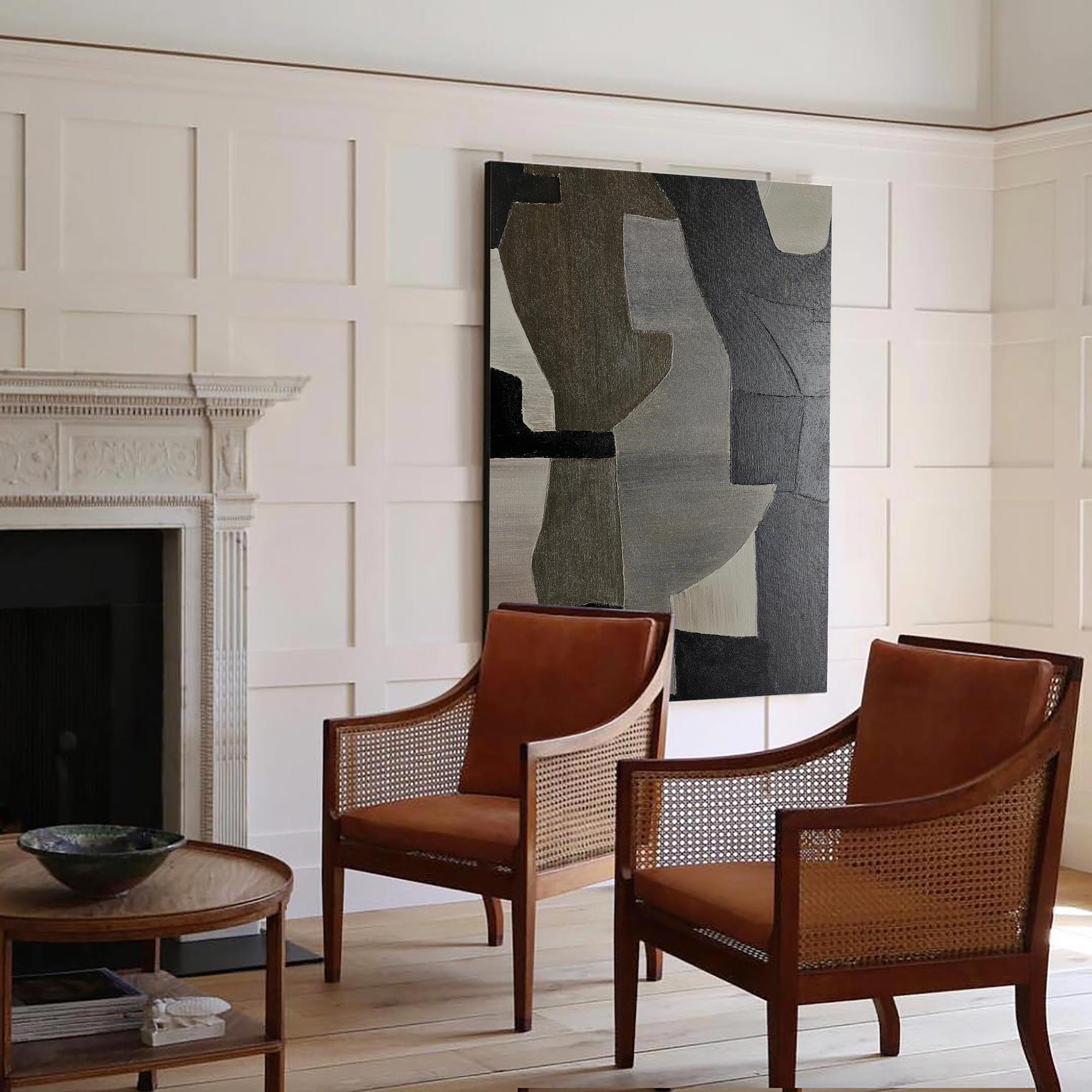 Contemporary Abstract Black Grey Beige Geometric Minimalist Painting