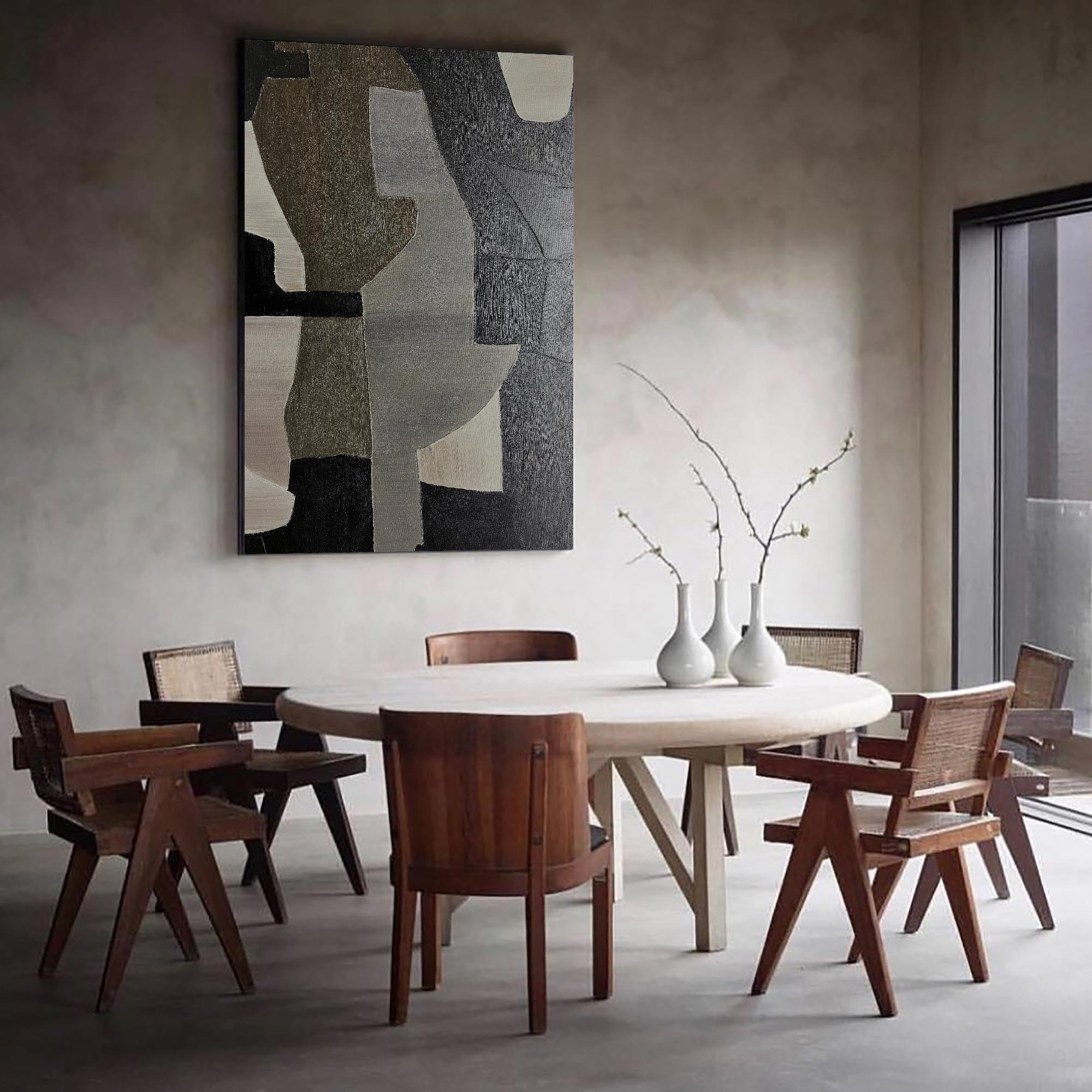 Contemporary Abstract Black Grey Beige Geometric Minimalist Painting