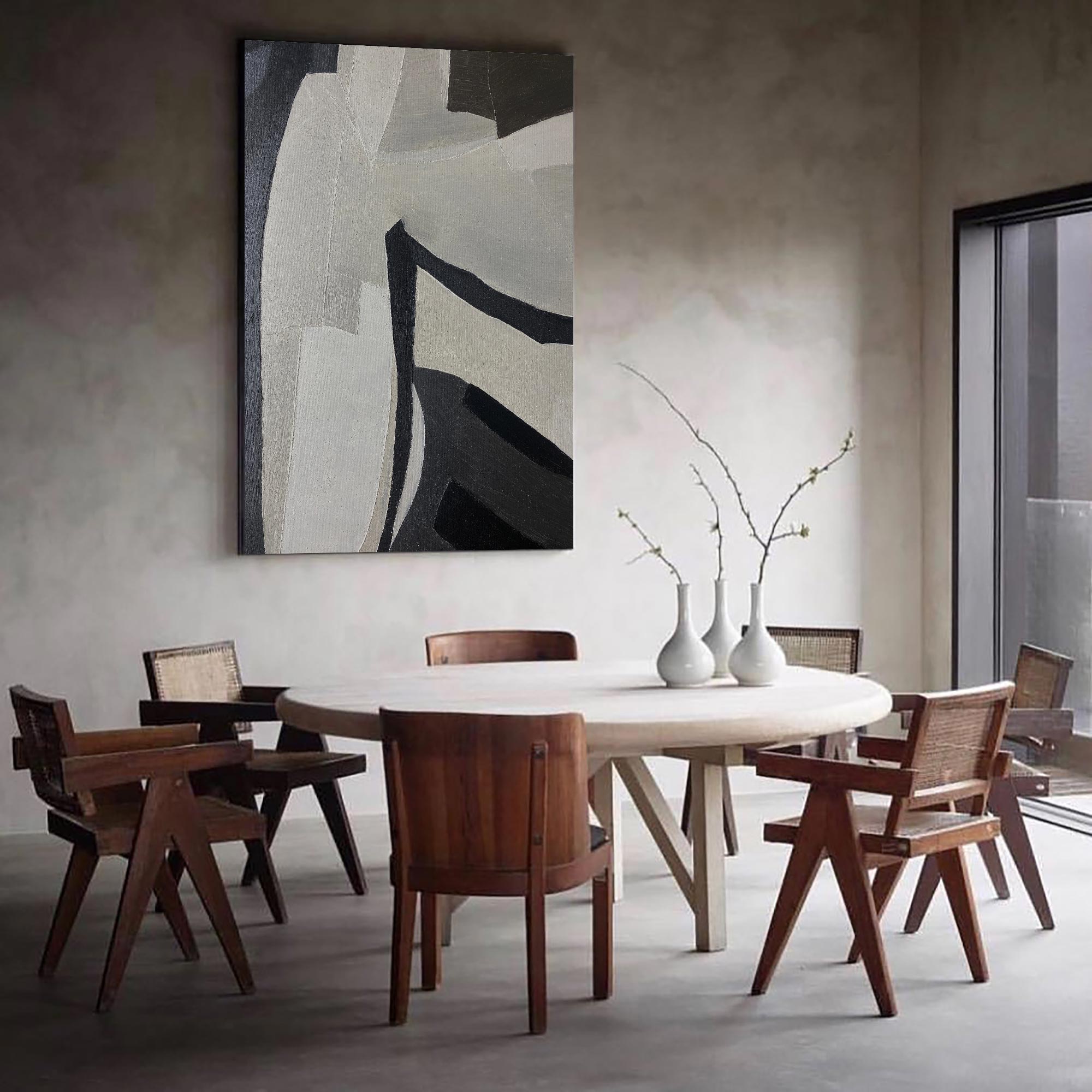 Black‑Grey‑Off‑White Vertical Curved‑Block Textured Artwork