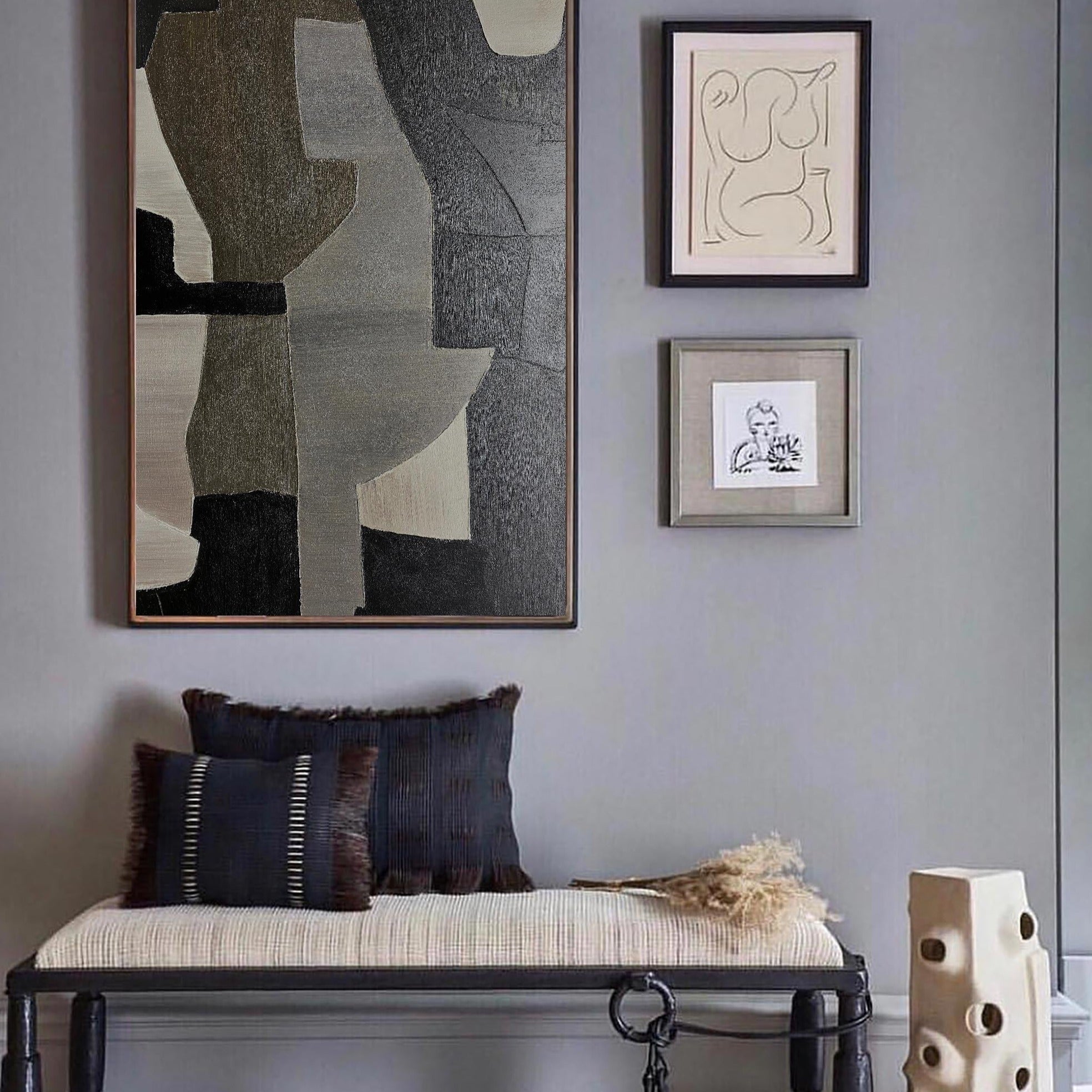 Contemporary Abstract Black Grey Beige Geometric Minimalist Painting