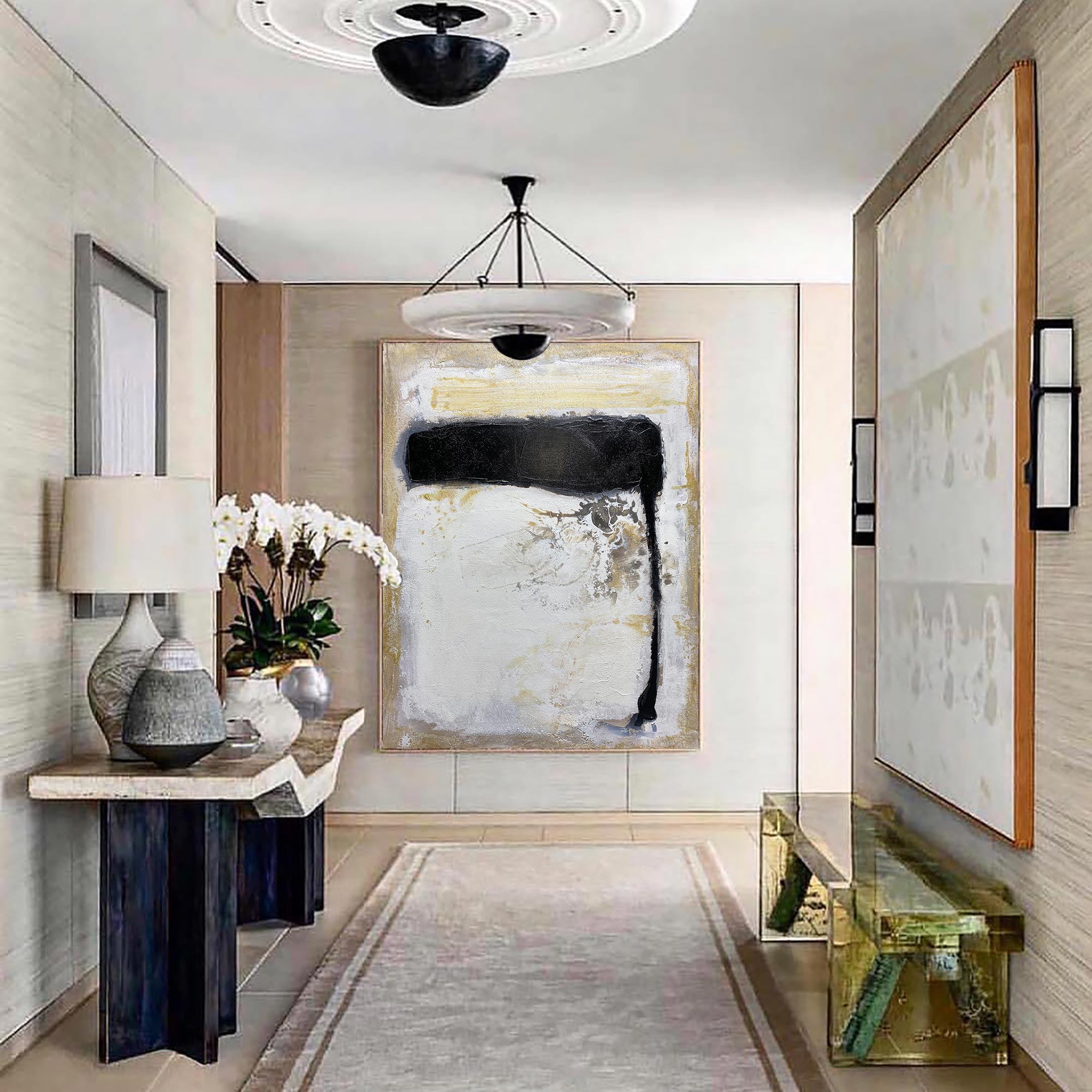 Abstract Black White Beige Textured Brush Stroke Painting